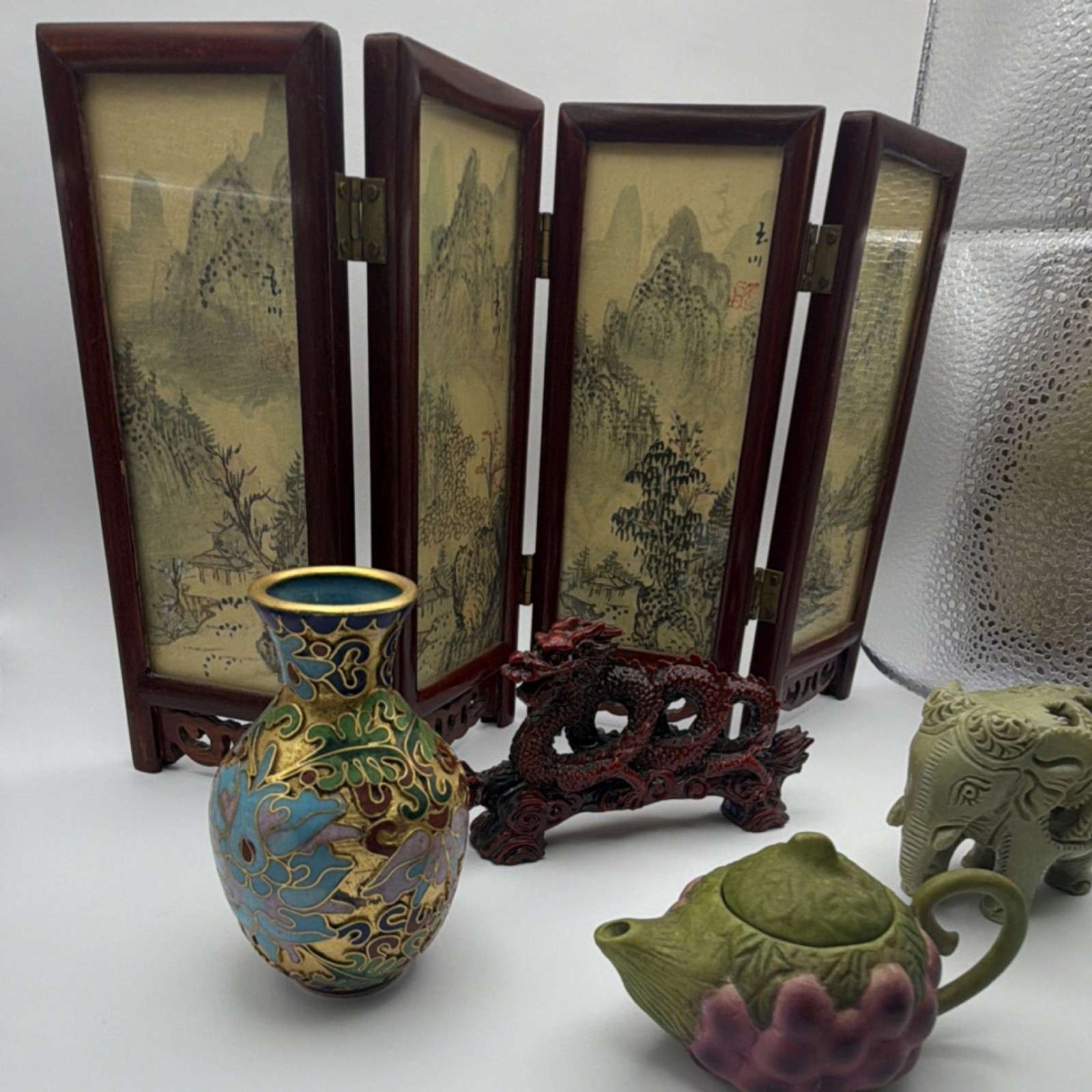 Antique Chinese Handmade Collectible Set: Vase, Teapot, Dragon, Elephant, Screen