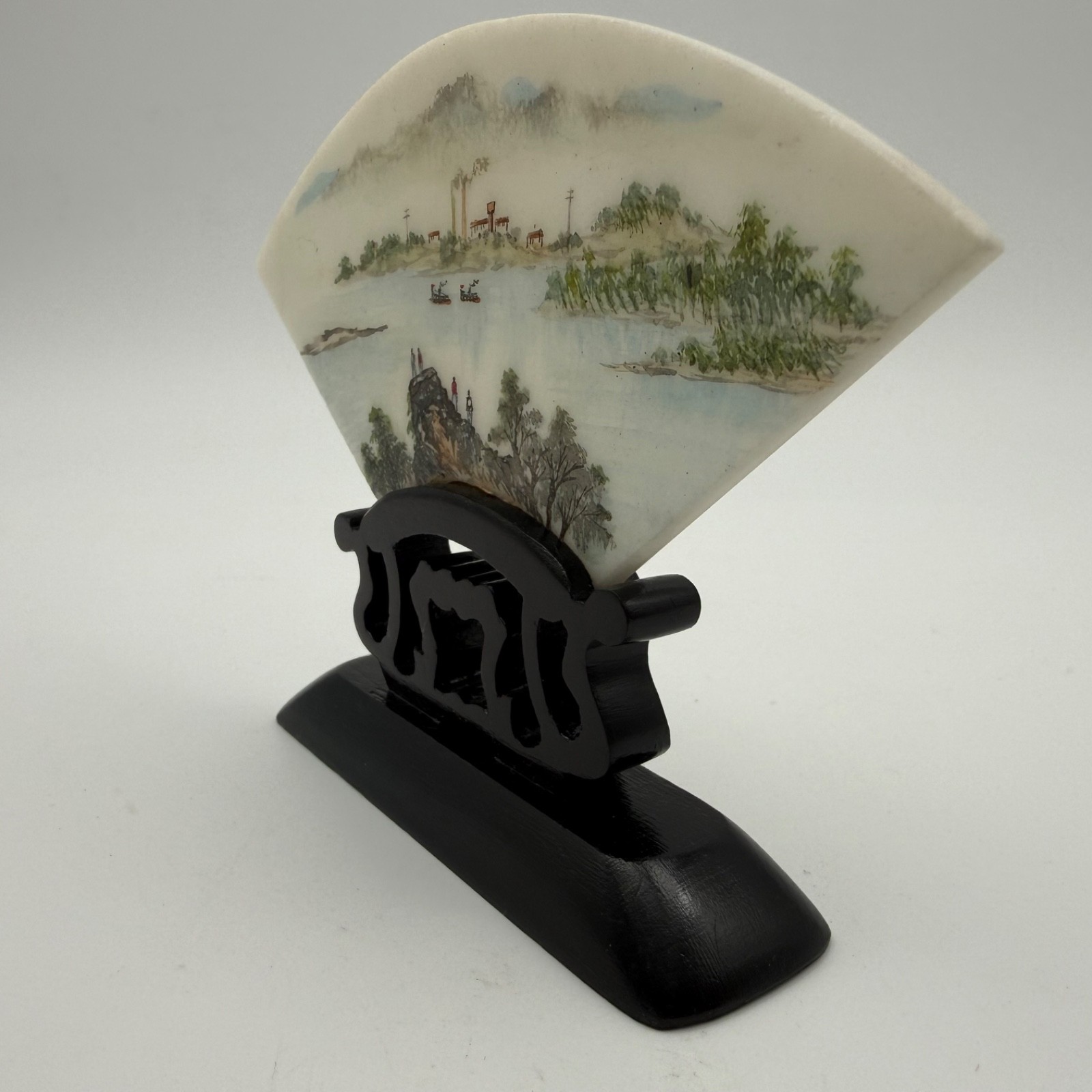 Vintage Chinese Hand Painted Marble Plaque Fan Shaped Landscape Wood Stand