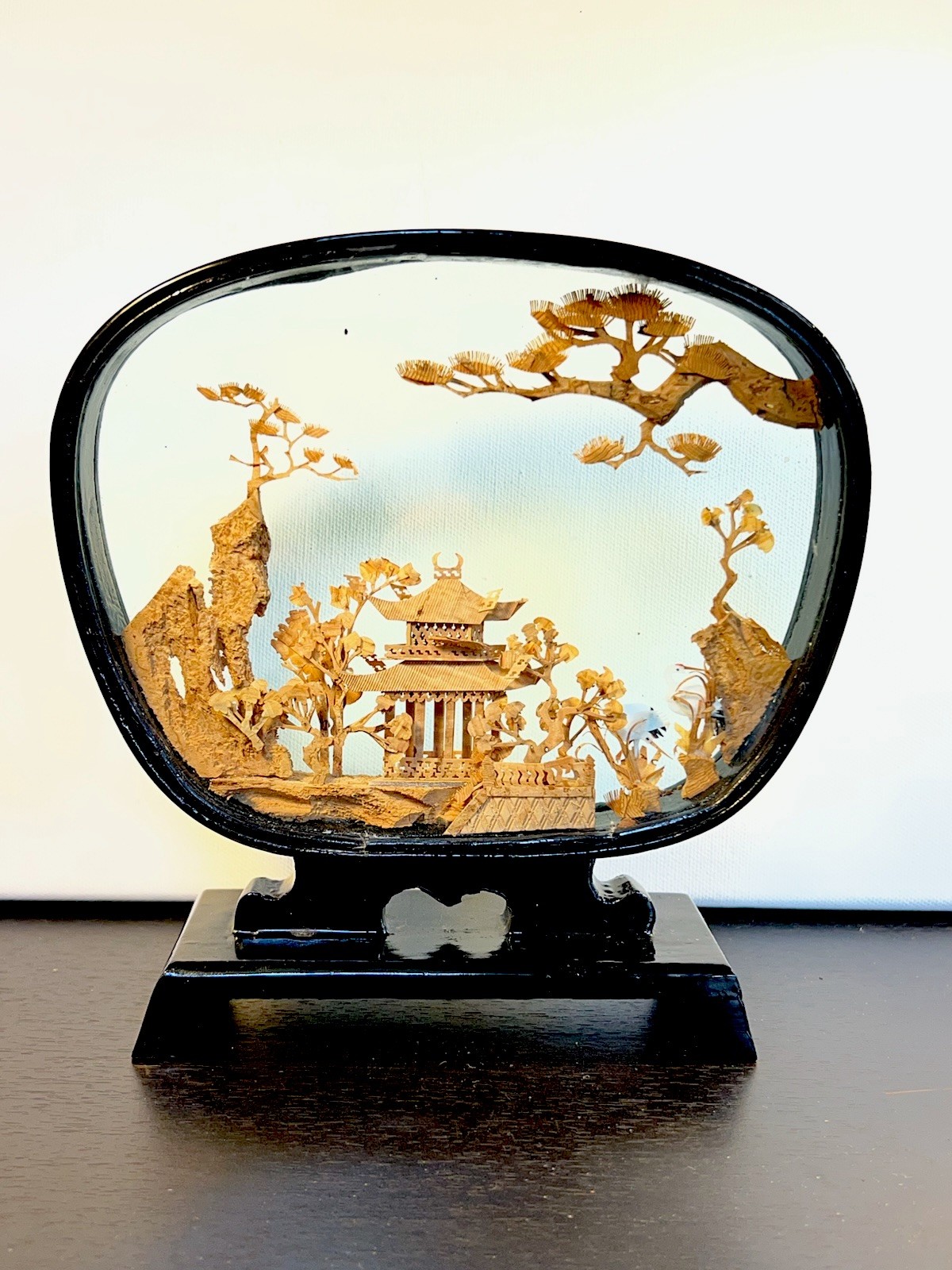 VTG Chinese Hand Carved Cork Diorama Shadow Box Asian Art Pagoda Cranes Trees