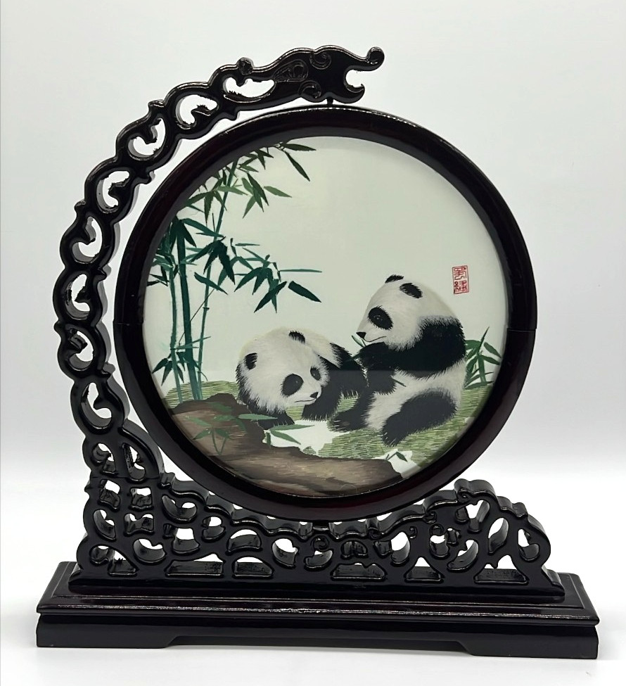 🐼 Vintage Chinese Silk Embroidery Panda Bamboo Round Panel w/ Carved Wood Stand