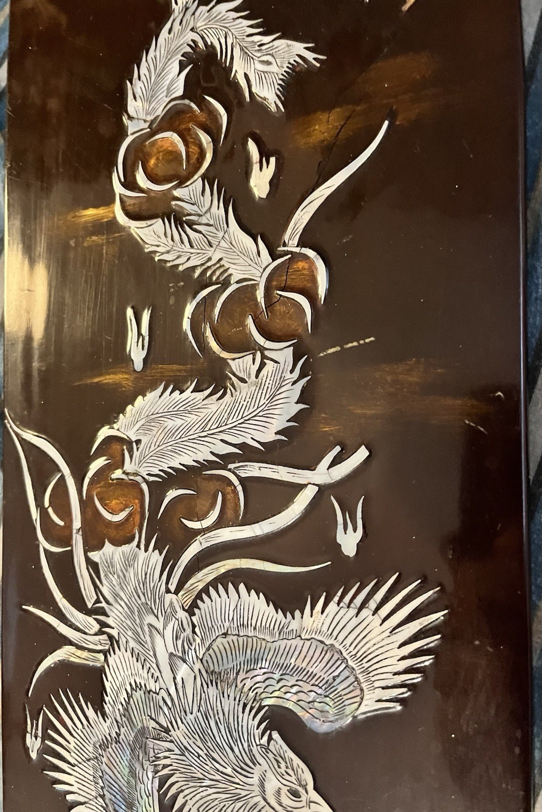 Asian Lacquer Panel Mother of Pearl Inlay Bird Plumage Vintage Wall Art Oriental