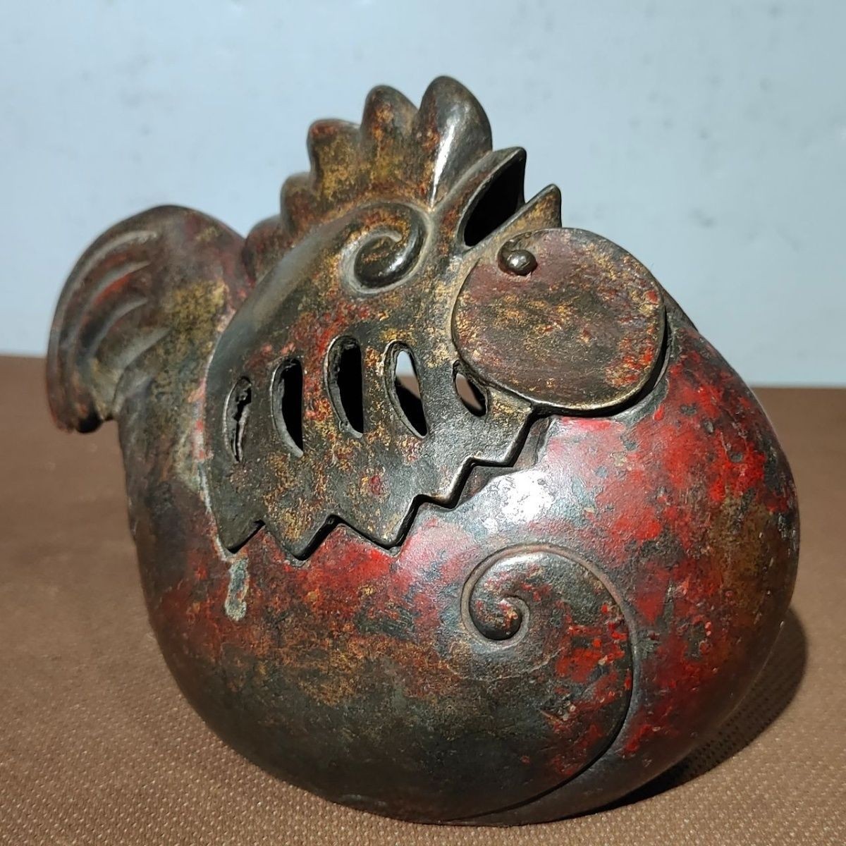 Vintage Solid Copper Mud Rooster Incense Burner Hollow Split Censer Home Decor