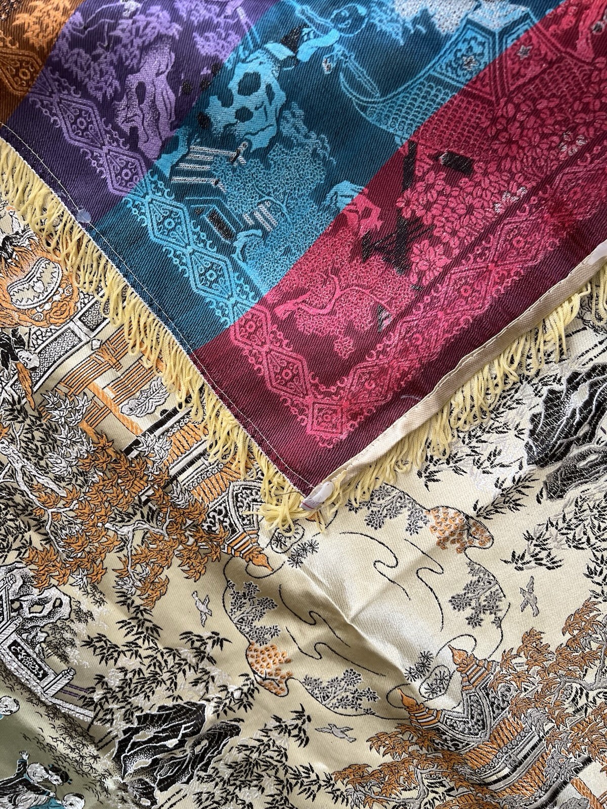 Vintage Chinese Silk Brocade China Tapestry Table Cloth 36”x 36” Yellow Fringe