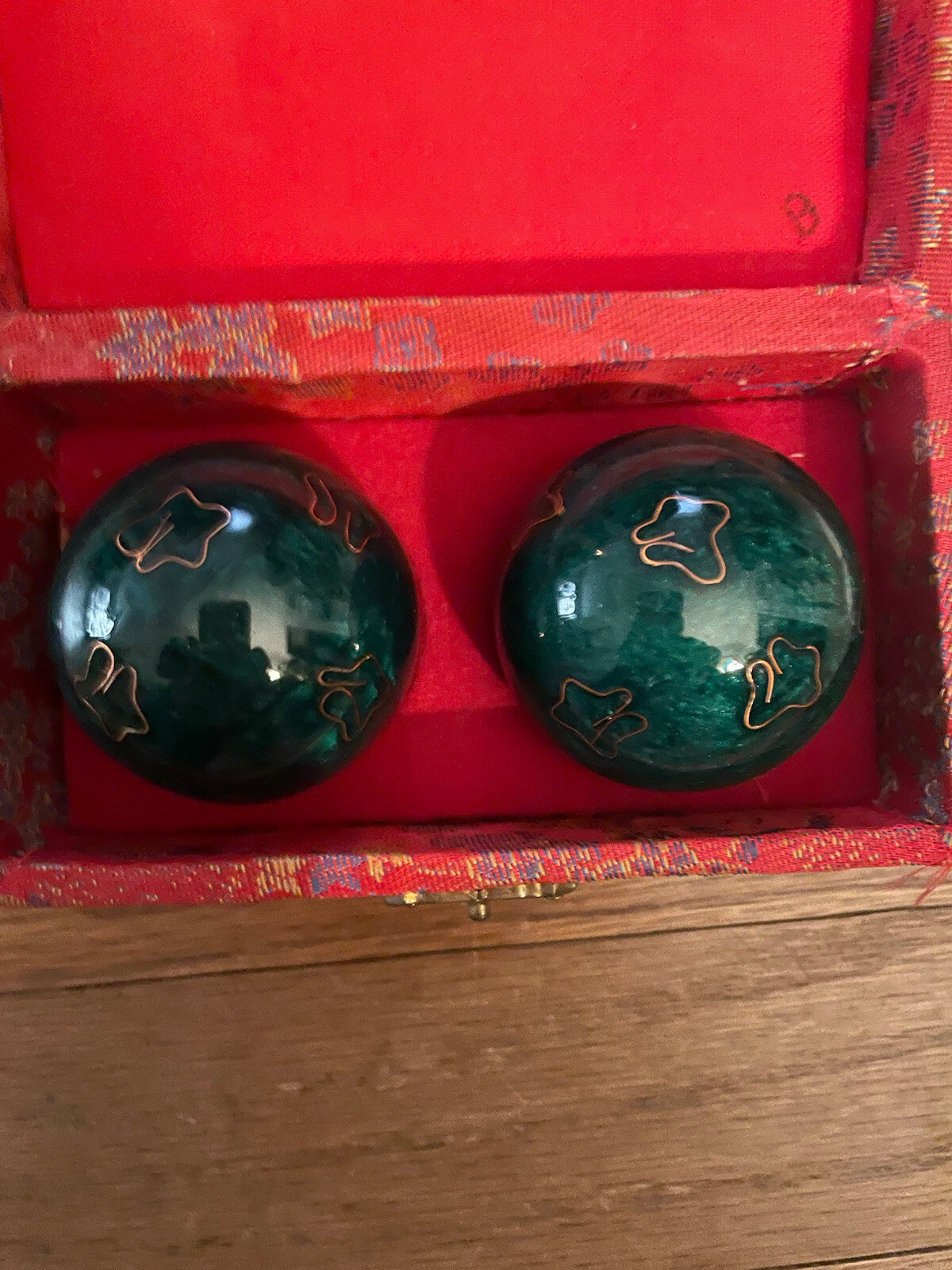 Vintage Chinese Cloisonné Health Iron Ball Set Of 2 Green In Original Box EUC