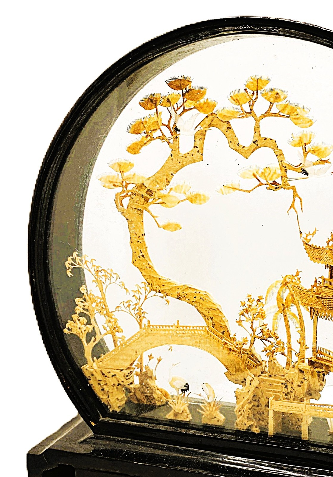 Vintage Chinese Cork Art Carving Diorama Pagoda Landscape Black Frame