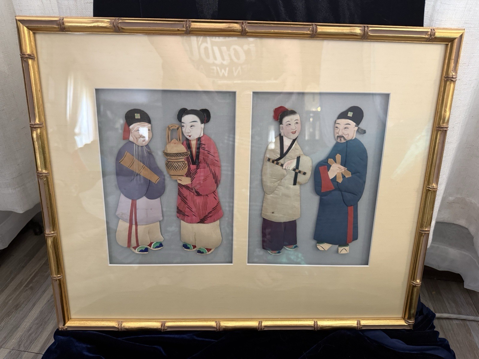 Vintage Chinese Silk Relief 3-D Figures – Framed 16”x 19” Hand-painted Immortals