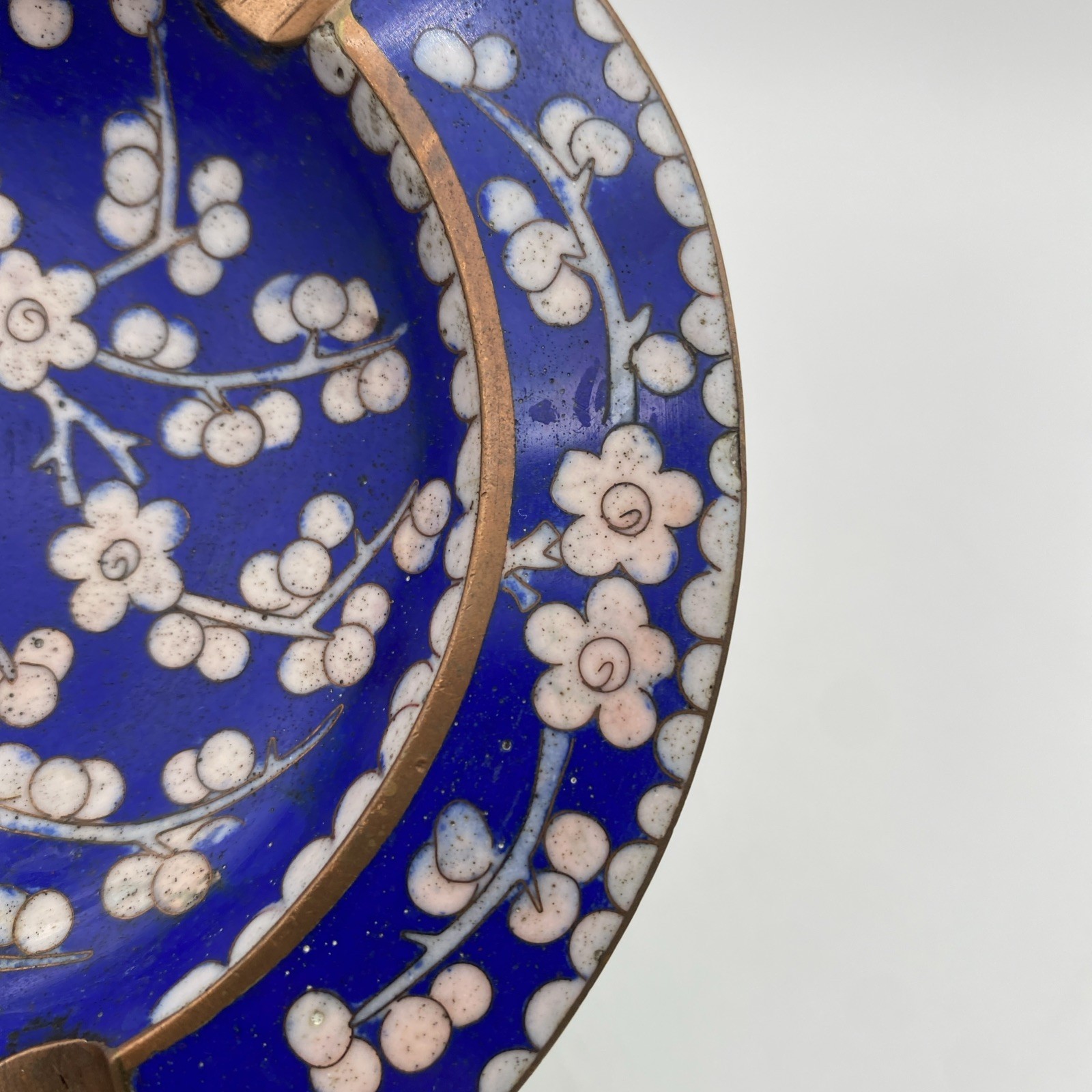Vintage Chinese Cloisonné Blue Cherry Blossom Floral Enamel Ashtray Signed China