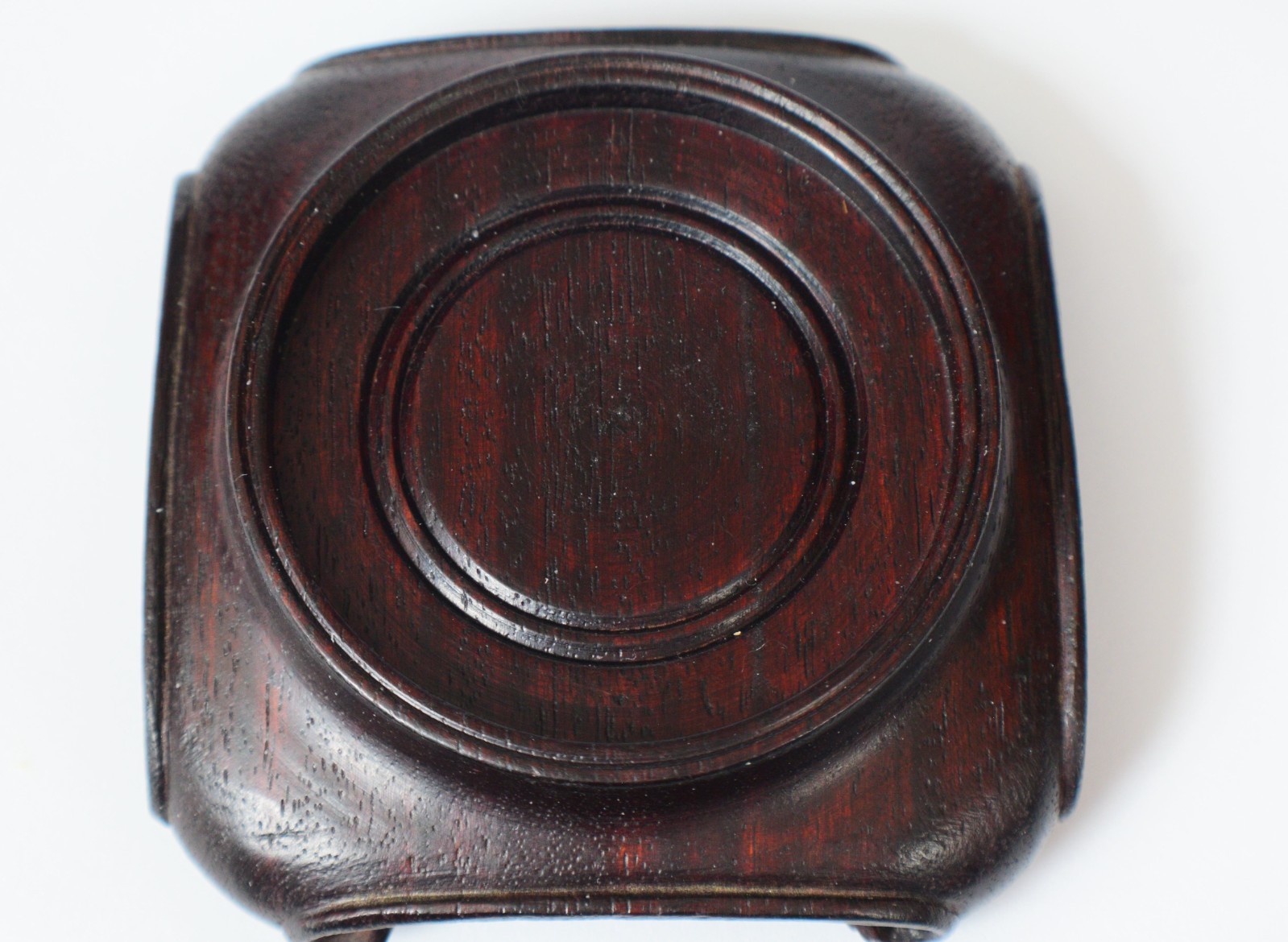 Vintage Chinese Round Brown Wood Stand w/Square Scroll base 2 1/2″ diam top S30