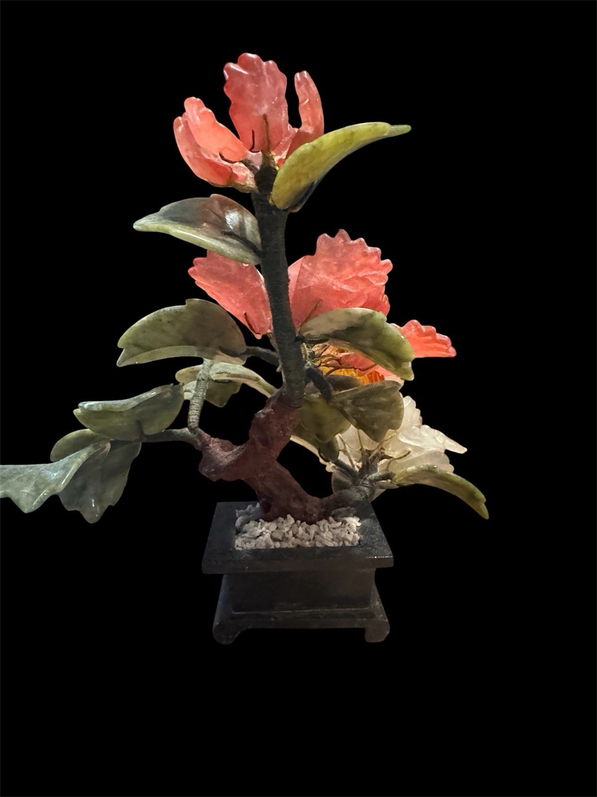 Vintage 10” Chinese Jade Quartz Bonsai Tree Floral Carved Flower Tree