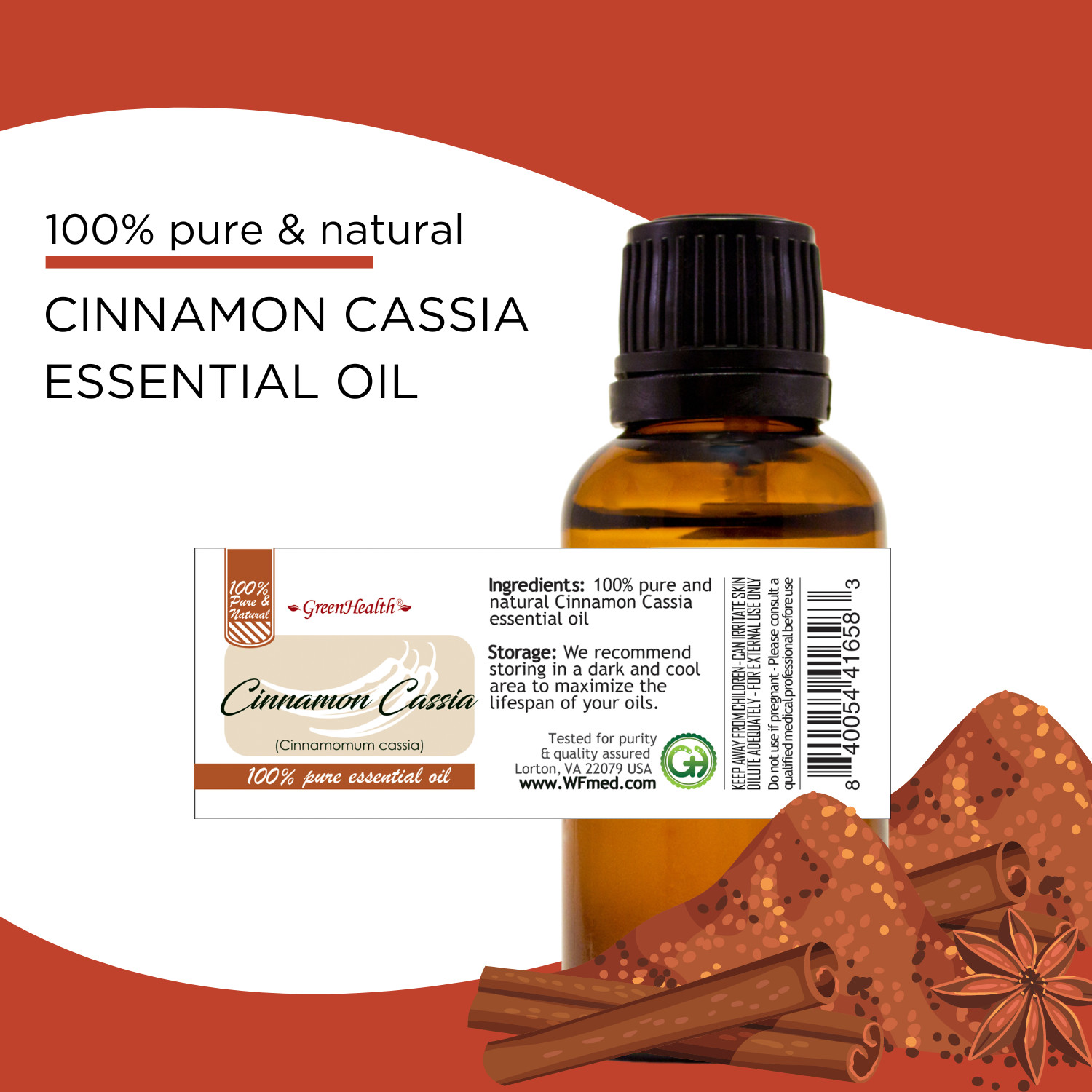1 fl oz Cinnamon (Cassia) Essential Oil (100% Pure & Natural) – GC-MS Tested