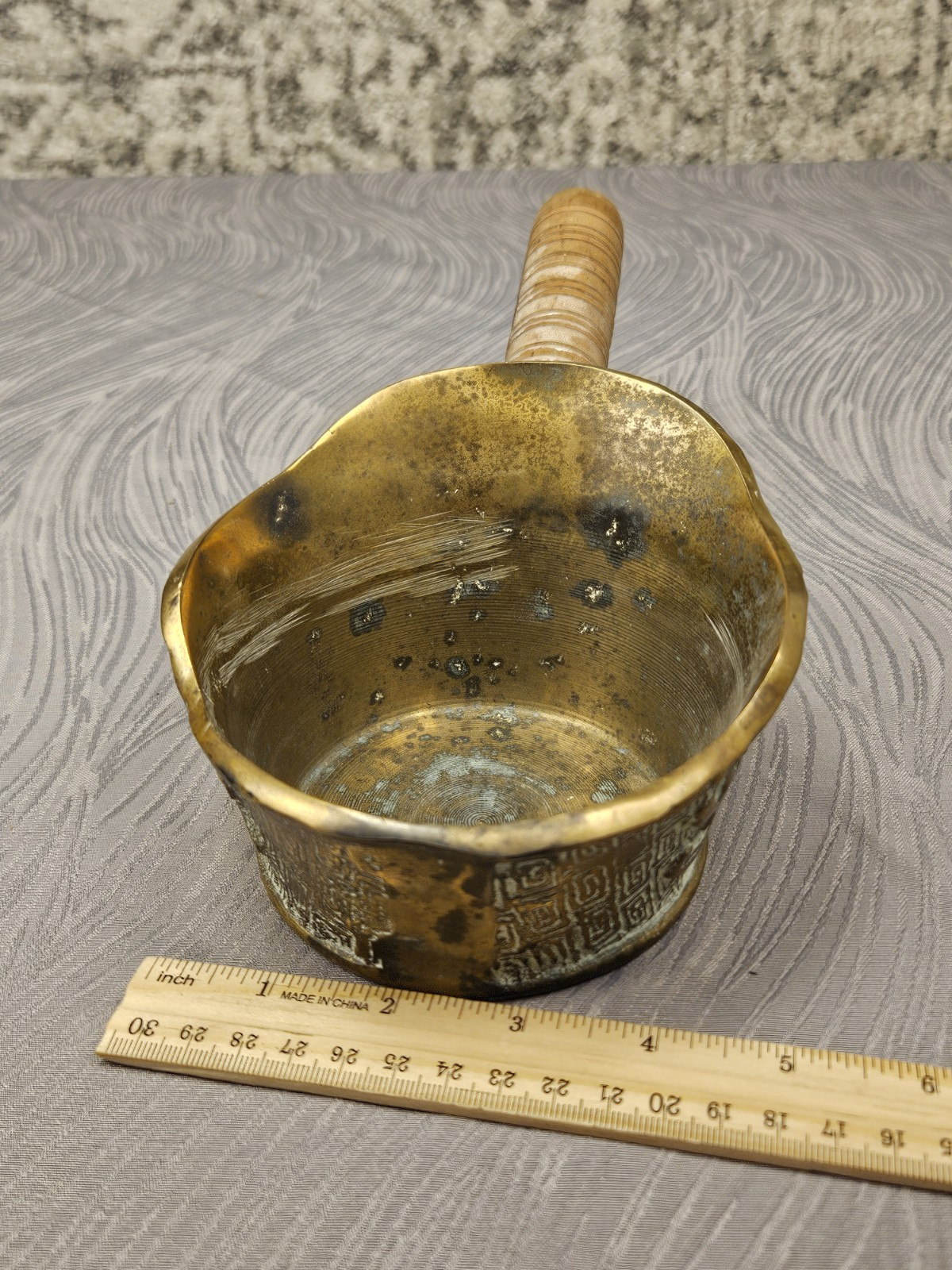 Vintage Chinese Brass Silk Iron w/ Wooden Hand Handle