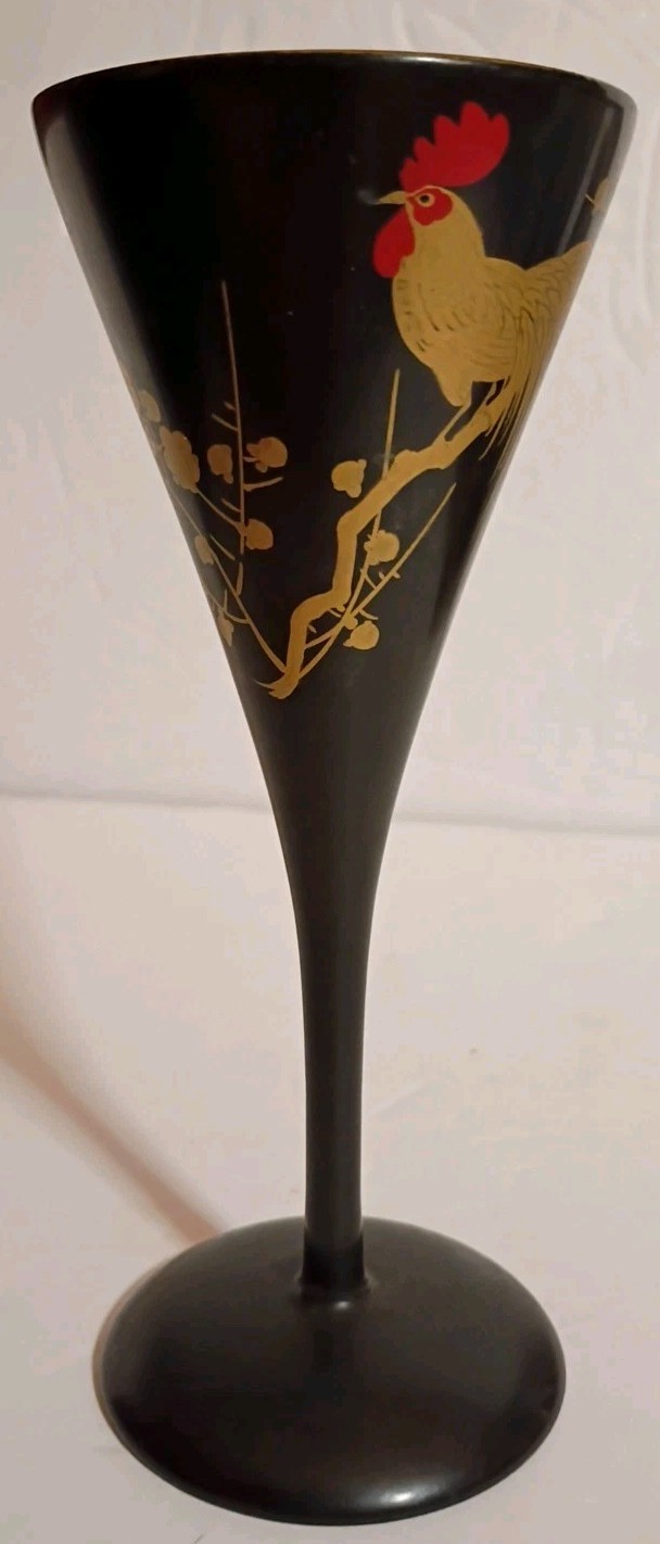 Beautiful Fighting Gold Rooster Chicken Black Lacquer Wood Shaker & 5 Cups China