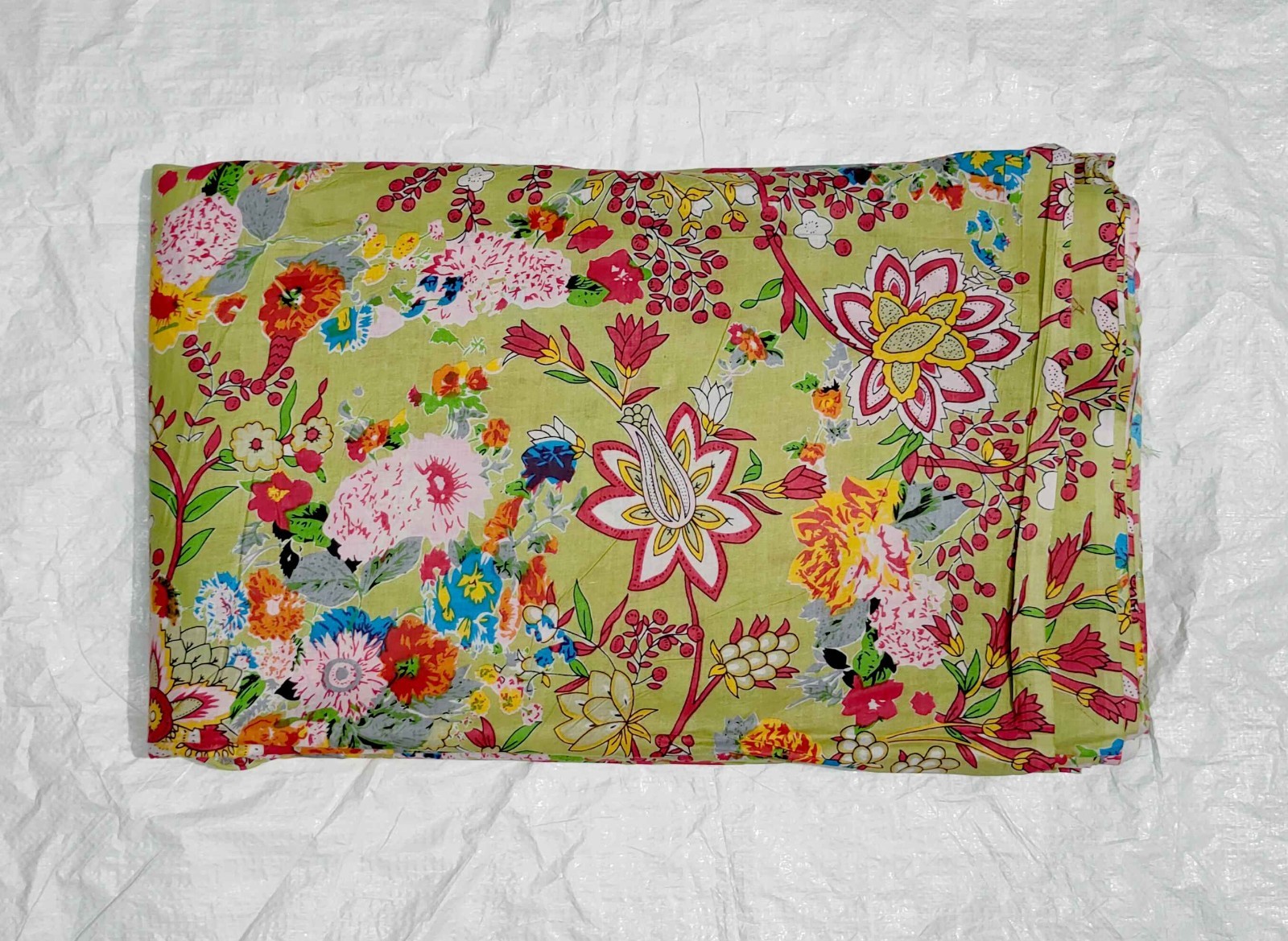 Indian Handmade Green Floral Print Dressmaking, Sewing Running Fabric 3 Yards
