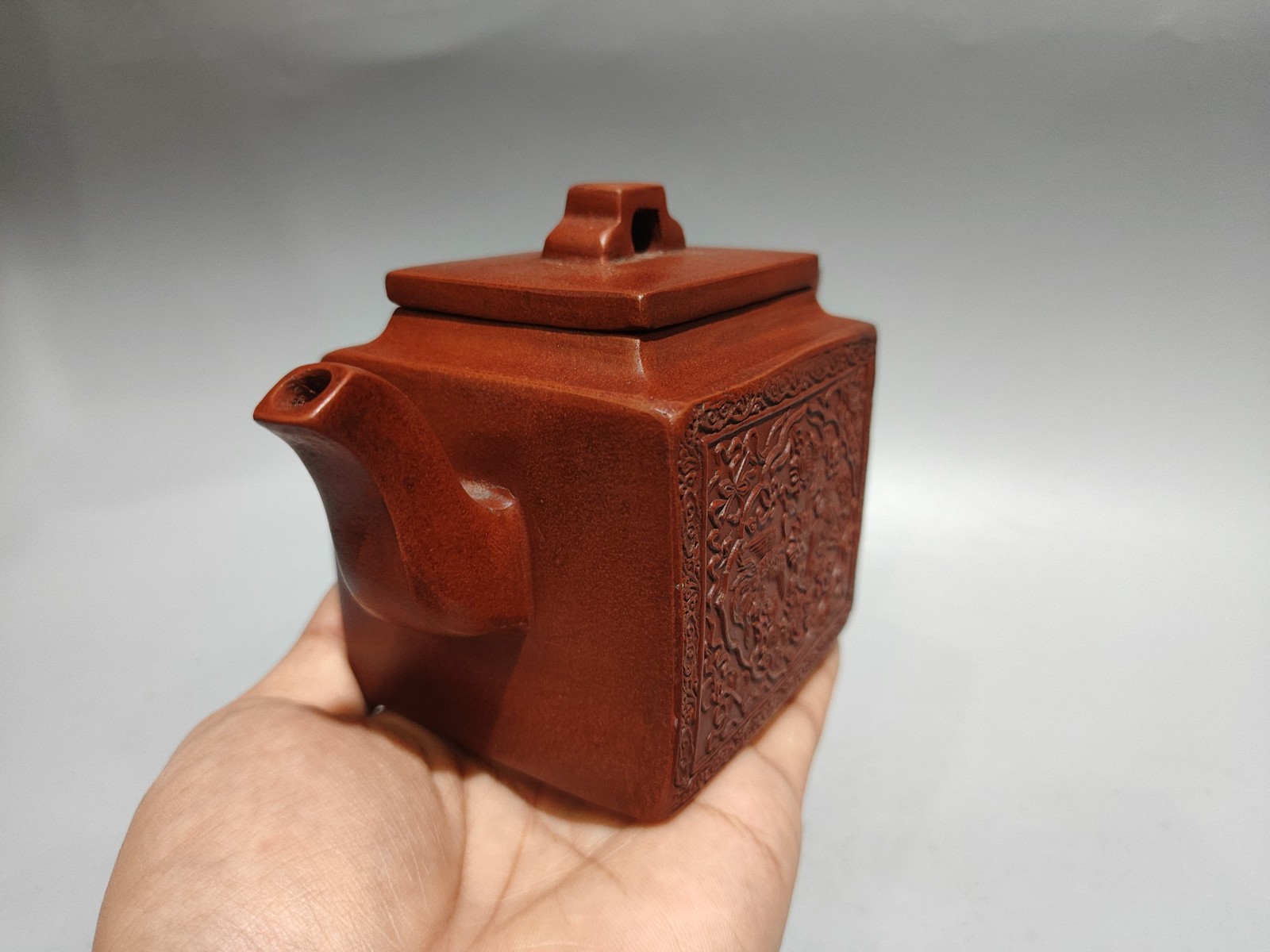 5.9″ Chinese Yixing Zisha Pottery Red Clay Double Crane Longevity Relief Teapot