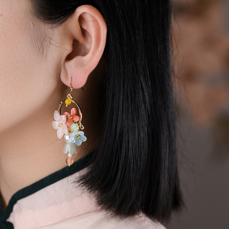China Agate/Coloured Glaze Gild Flower Small Bell Tibetan Style Earbob Earrings