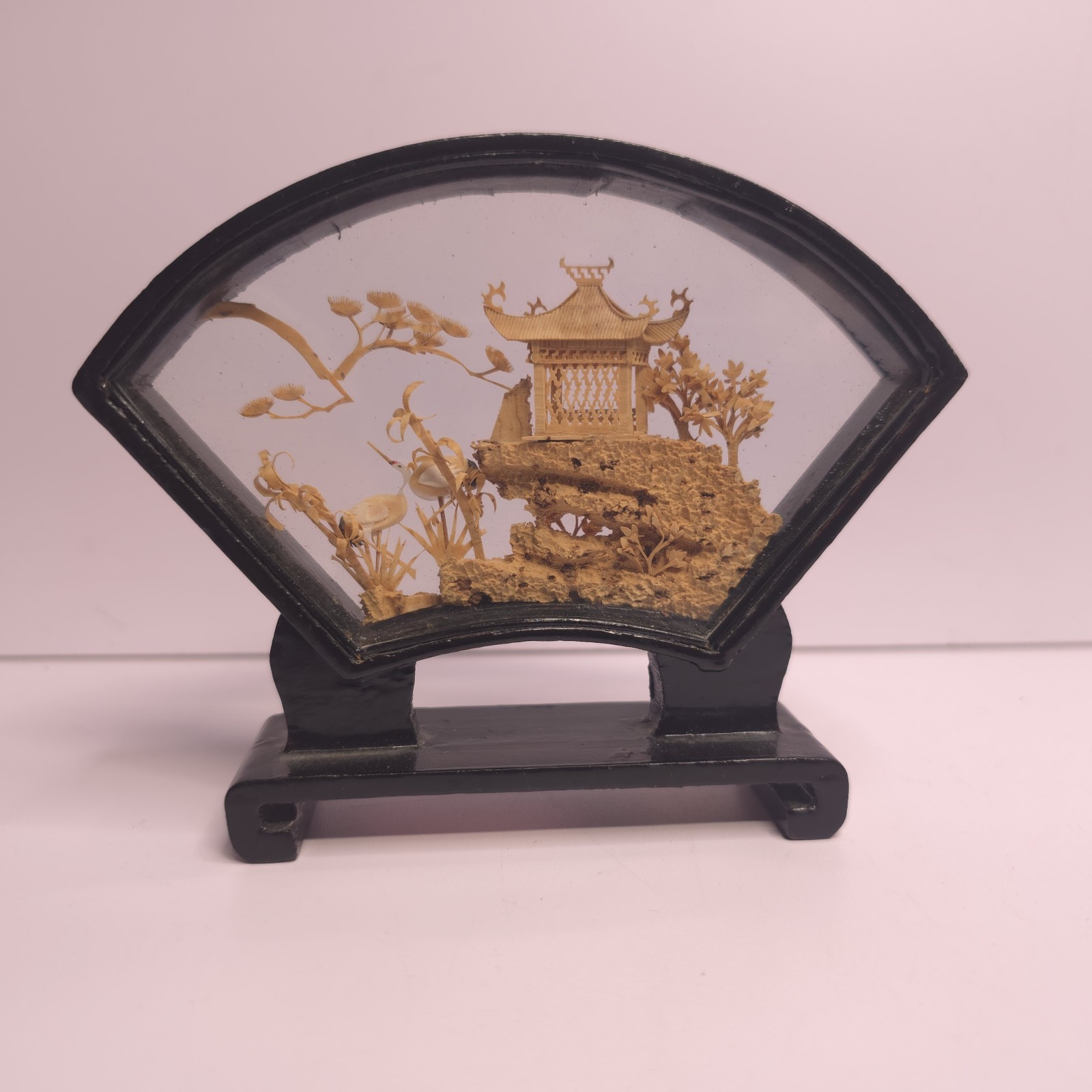VINTAGE CHINESE SAN YOU DIORAMA CORK CARVING GLASS CASE PAGODA TREES & CRANES.