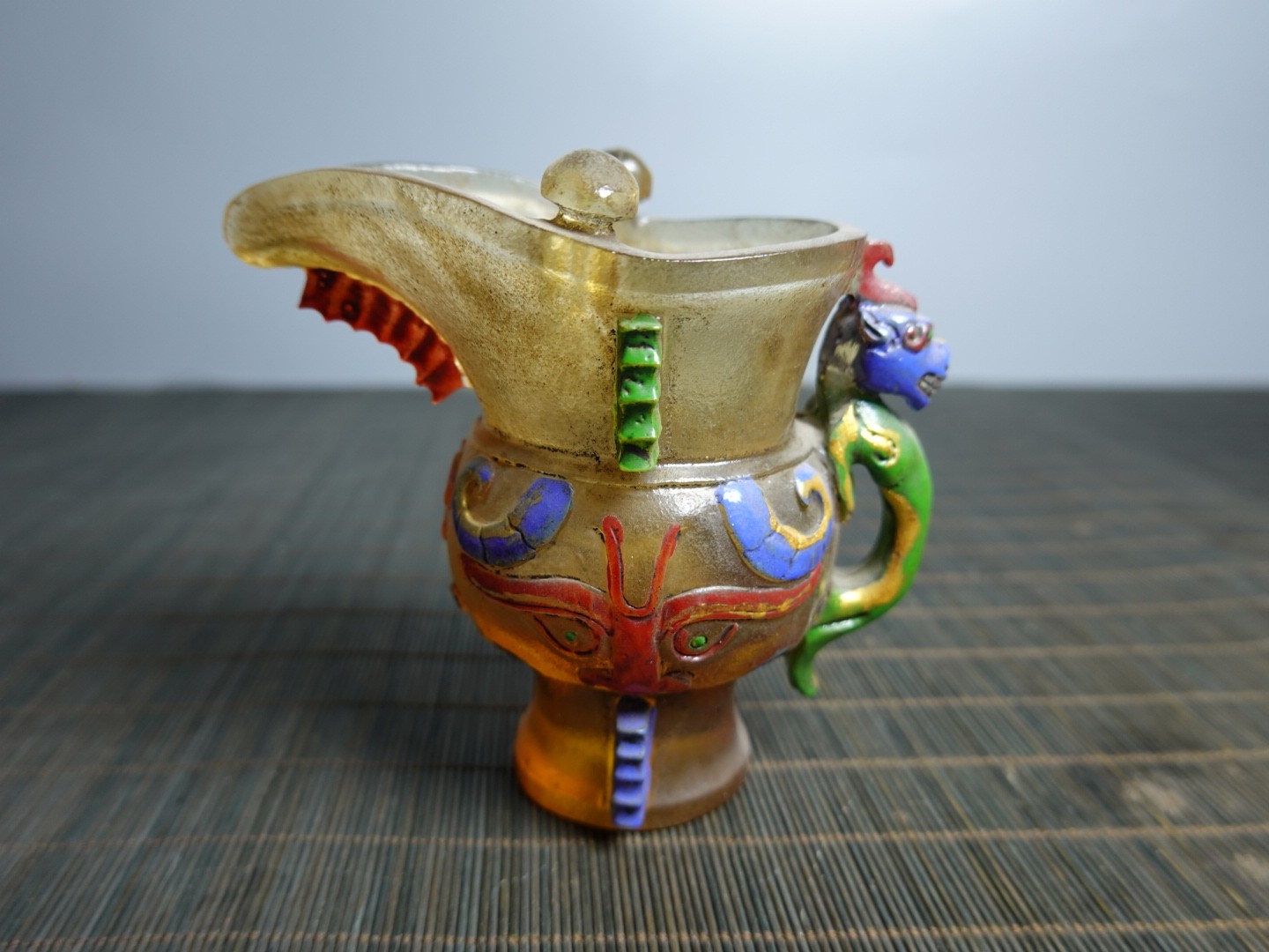 3.9″ Collect Old China Coloured Glaze Painted Beast Mask Taotie Design Jue Cup