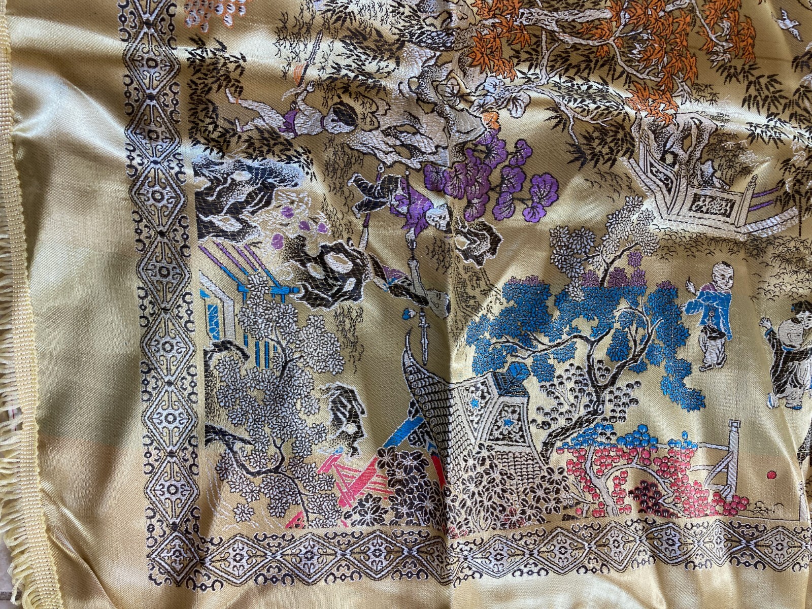 Vintage Silk Satin Brocade Piano Shawl Gold 48″ Fringes Excellent WWII