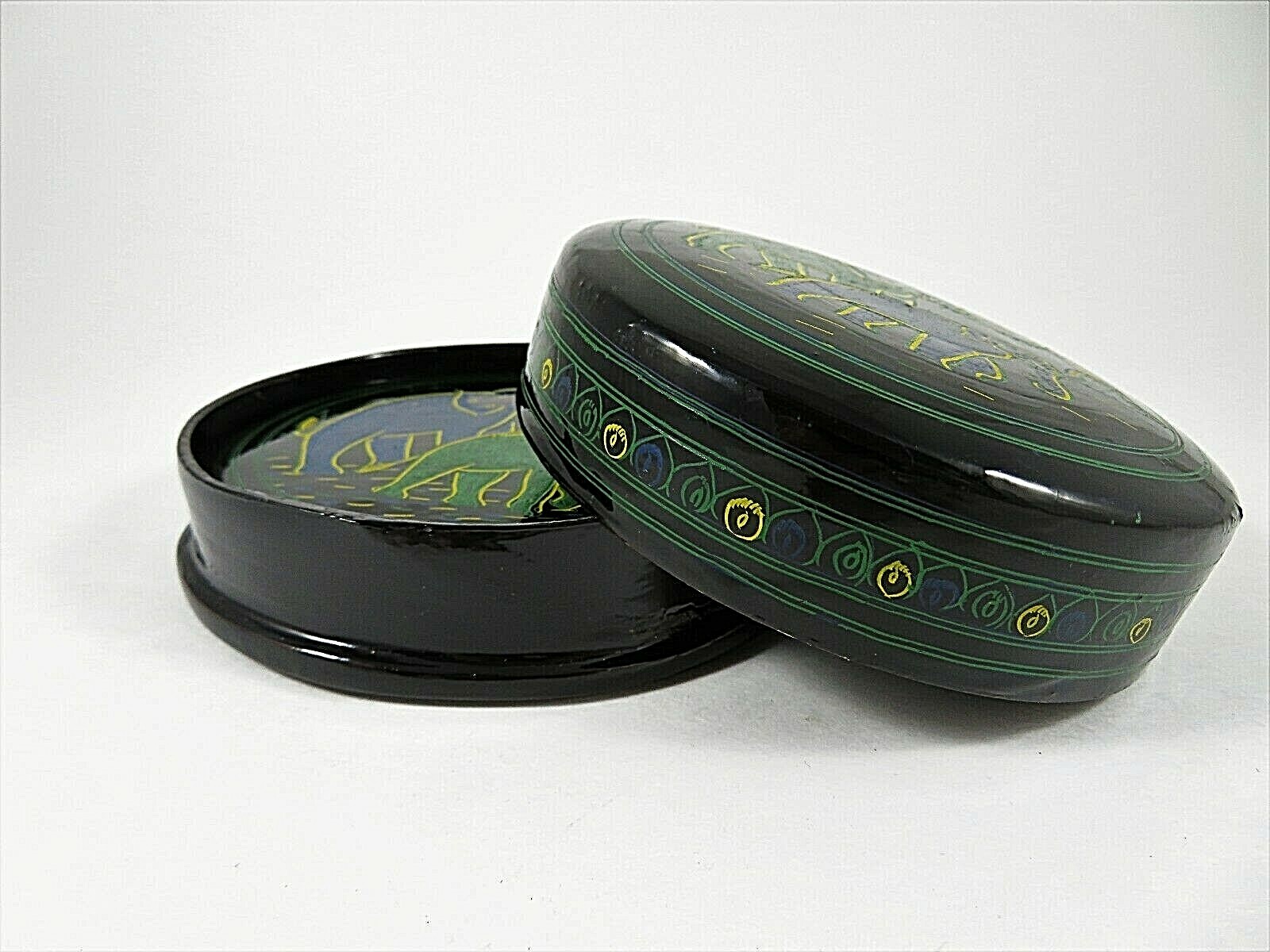 Vintage Burmese Black Lacquer 6 Coasters In Container Etched Elephants Motif
