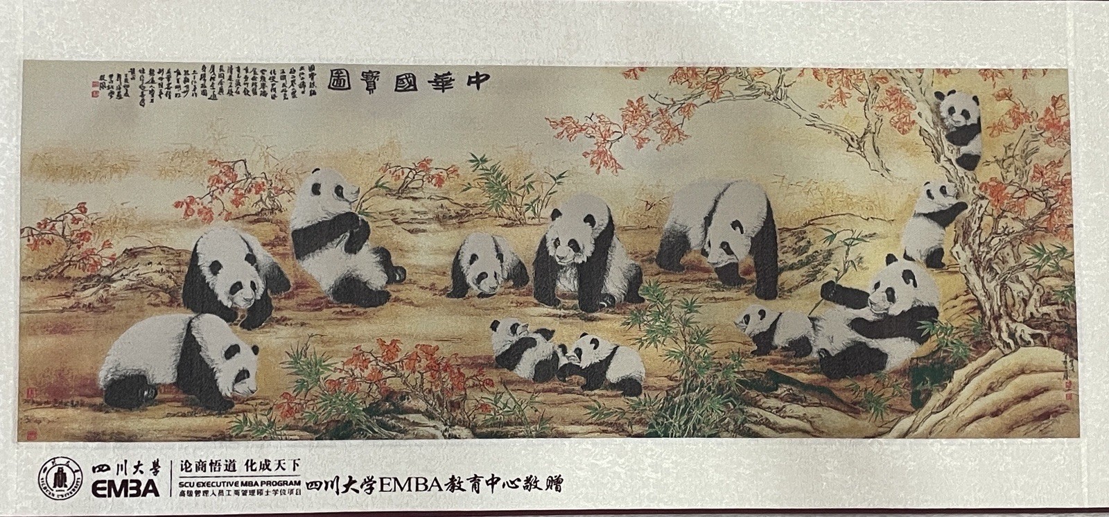 Chinese Shu Brocade Silk Scroll Pandas Wall Hanging Art Textile Presentation Box