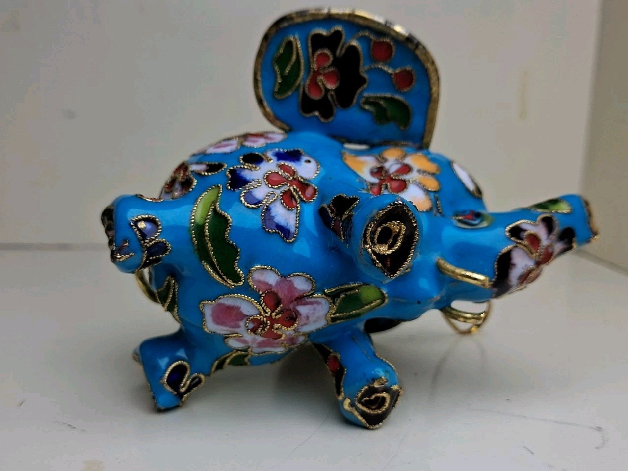 Multicolored, Base Blue floral Chinese cloisonné elephant ornament