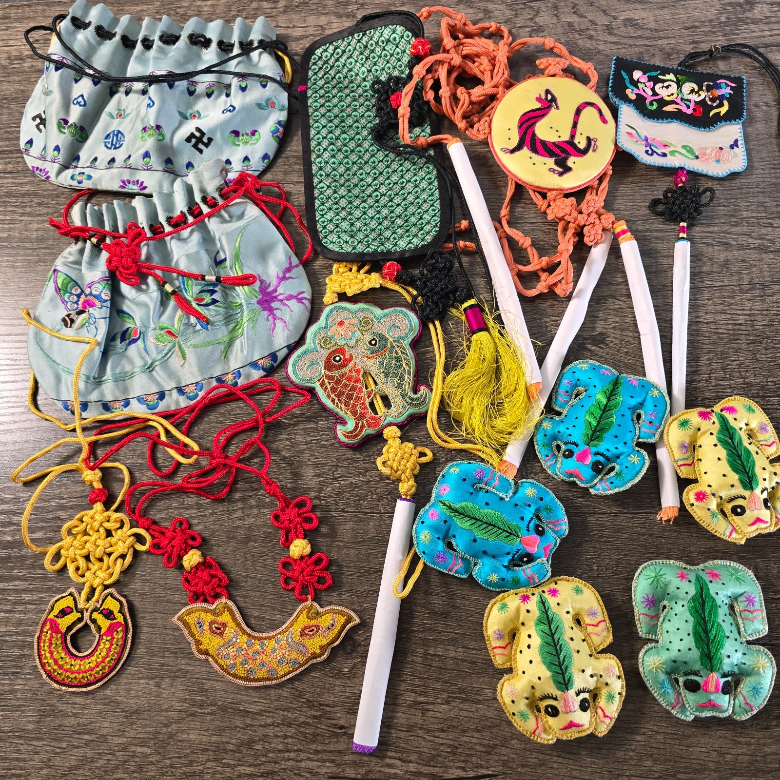 Embroidered Chinese Zodiac Lucky Charms & Ornaments, Animal Motifs, Pouches Lot