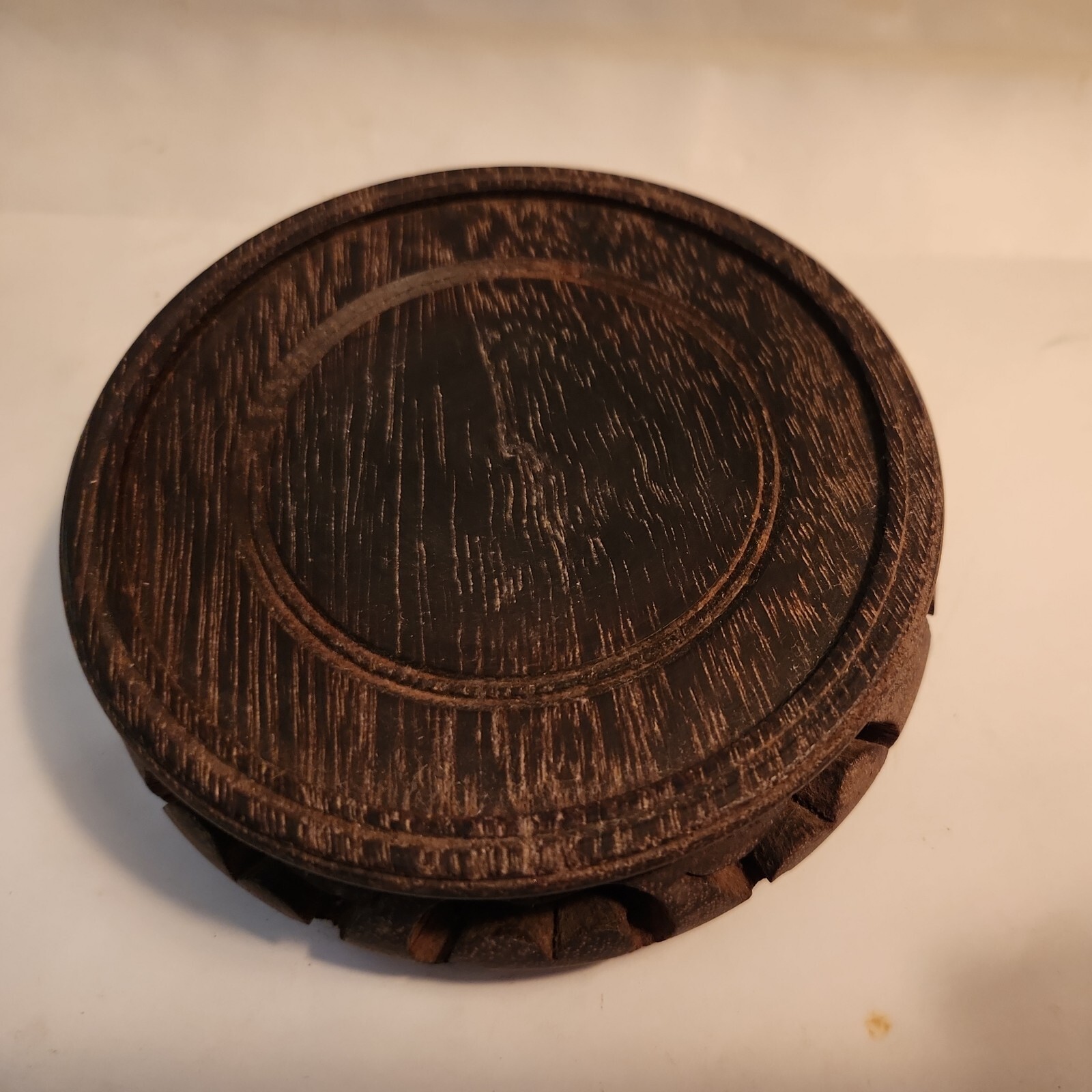 CHINESE ASIAN TEAK WOOD COLOR ROUND PLANT VASE STAND 4.5″, 3.75″ INSET 3TAB M-4