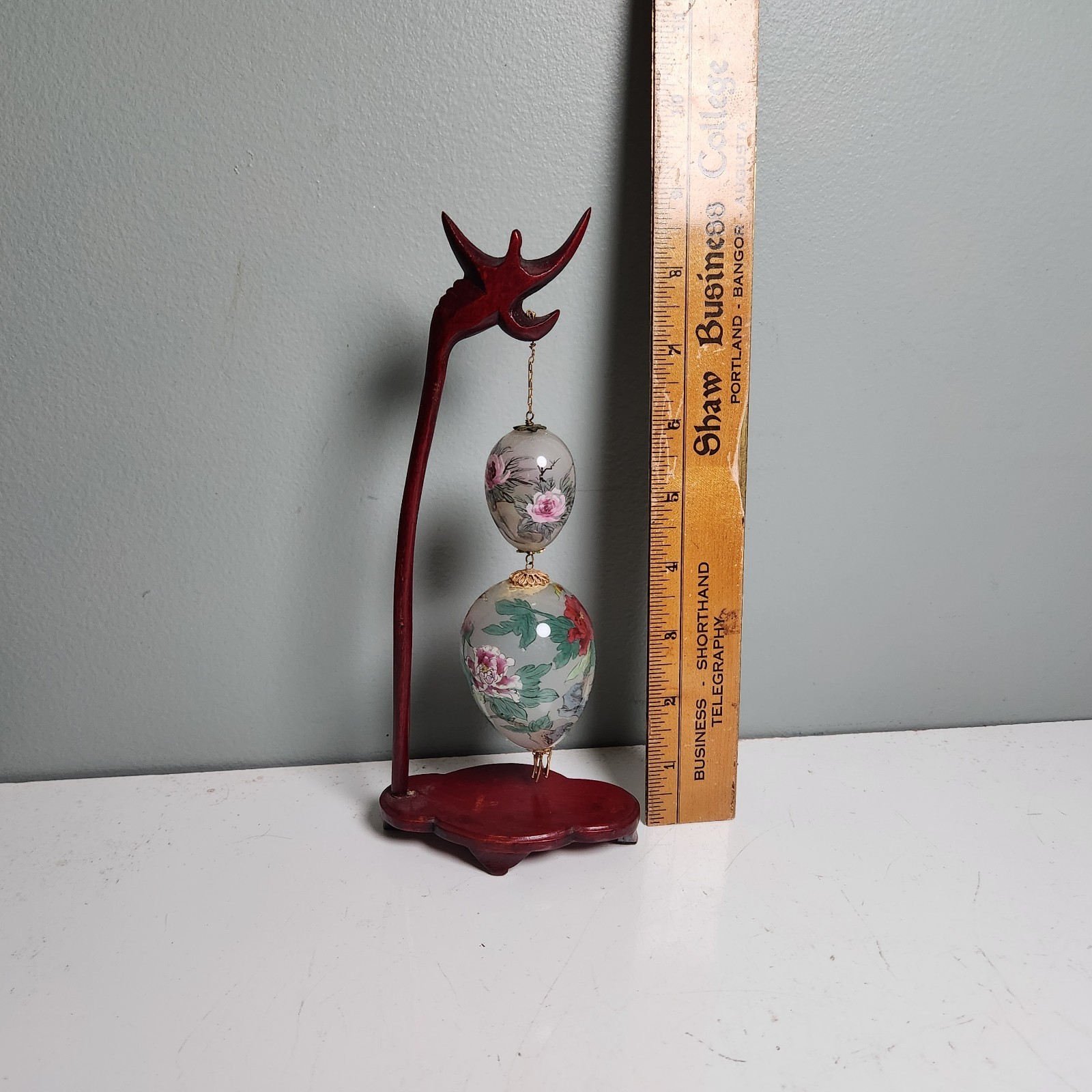 Vintage Chinese Reverse Hand Painted Glass Egg Hanging Wood Display