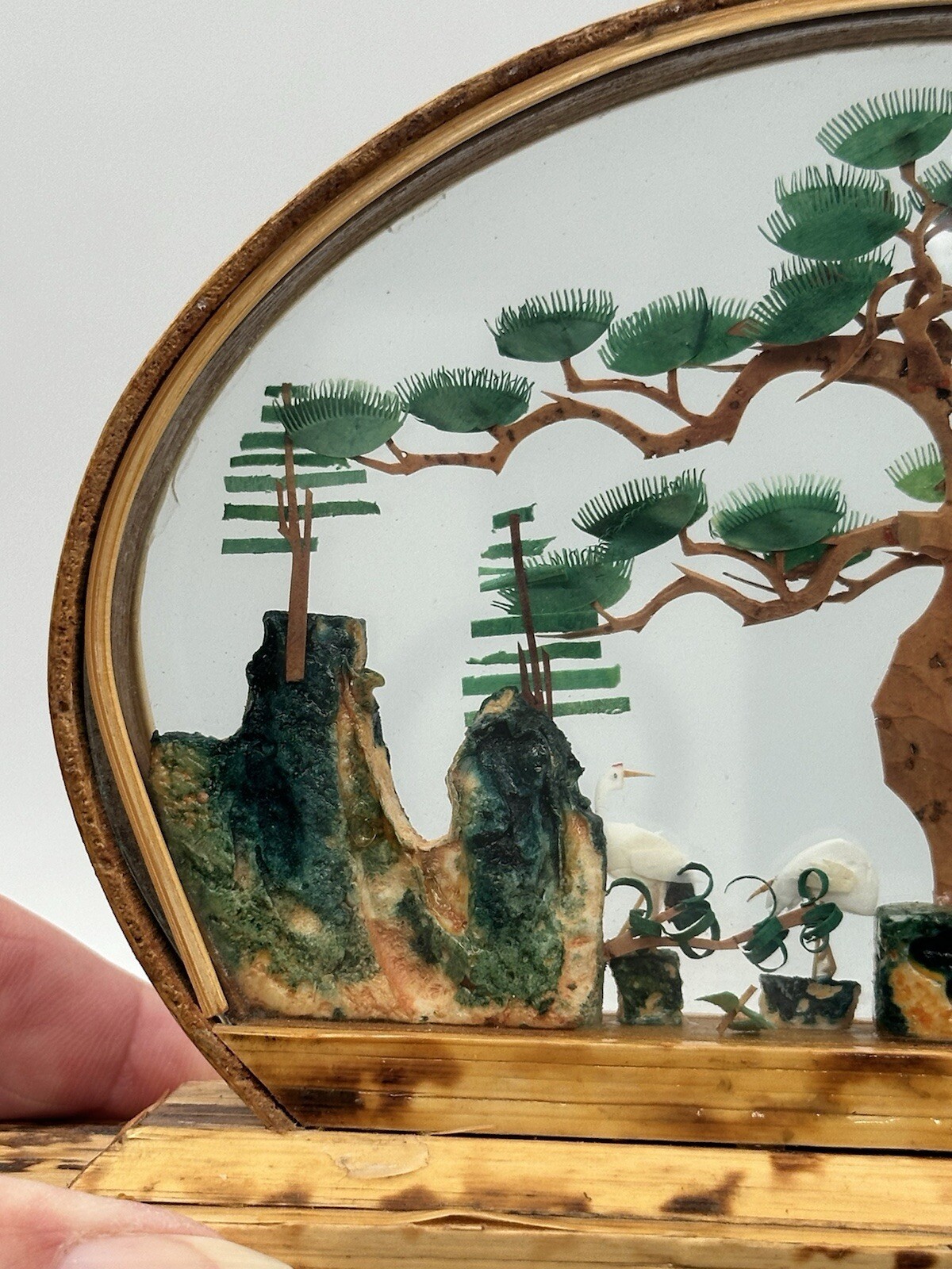 Vintage Oval Chinese Hand Carved Rock Cork And Paper Diorama Wood Tone Frame 3D