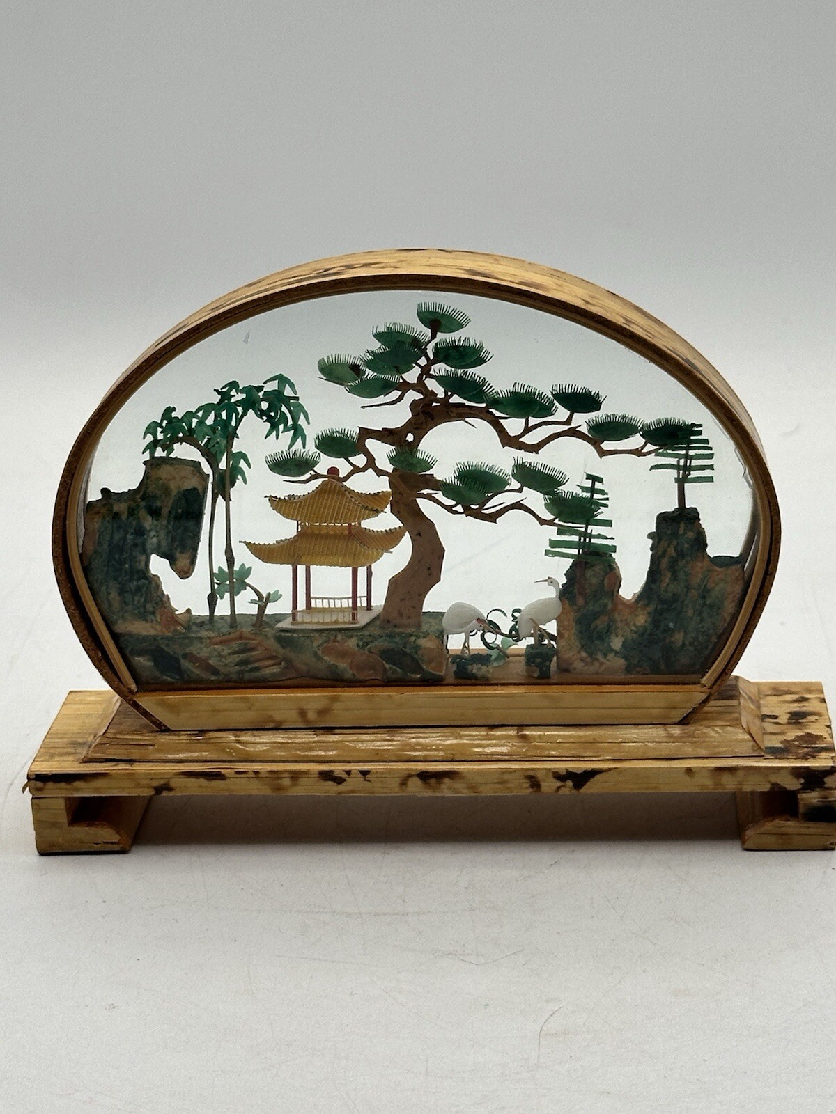 Vintage Oval Chinese Hand Carved Rock Cork And Paper Diorama Wood Tone Frame 3D