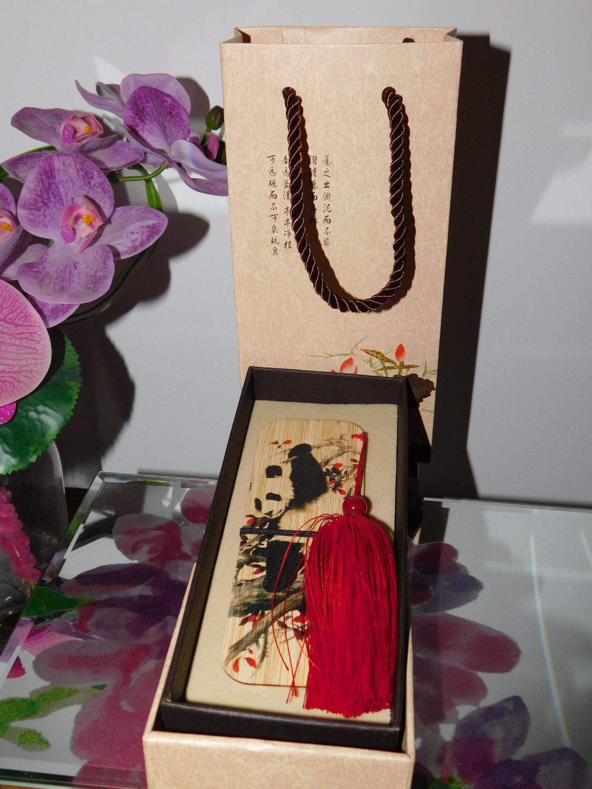 CHINESE COLLECTIBLE WOODEN PANDA BEAR AND SILK TASSEL BOOKMARK