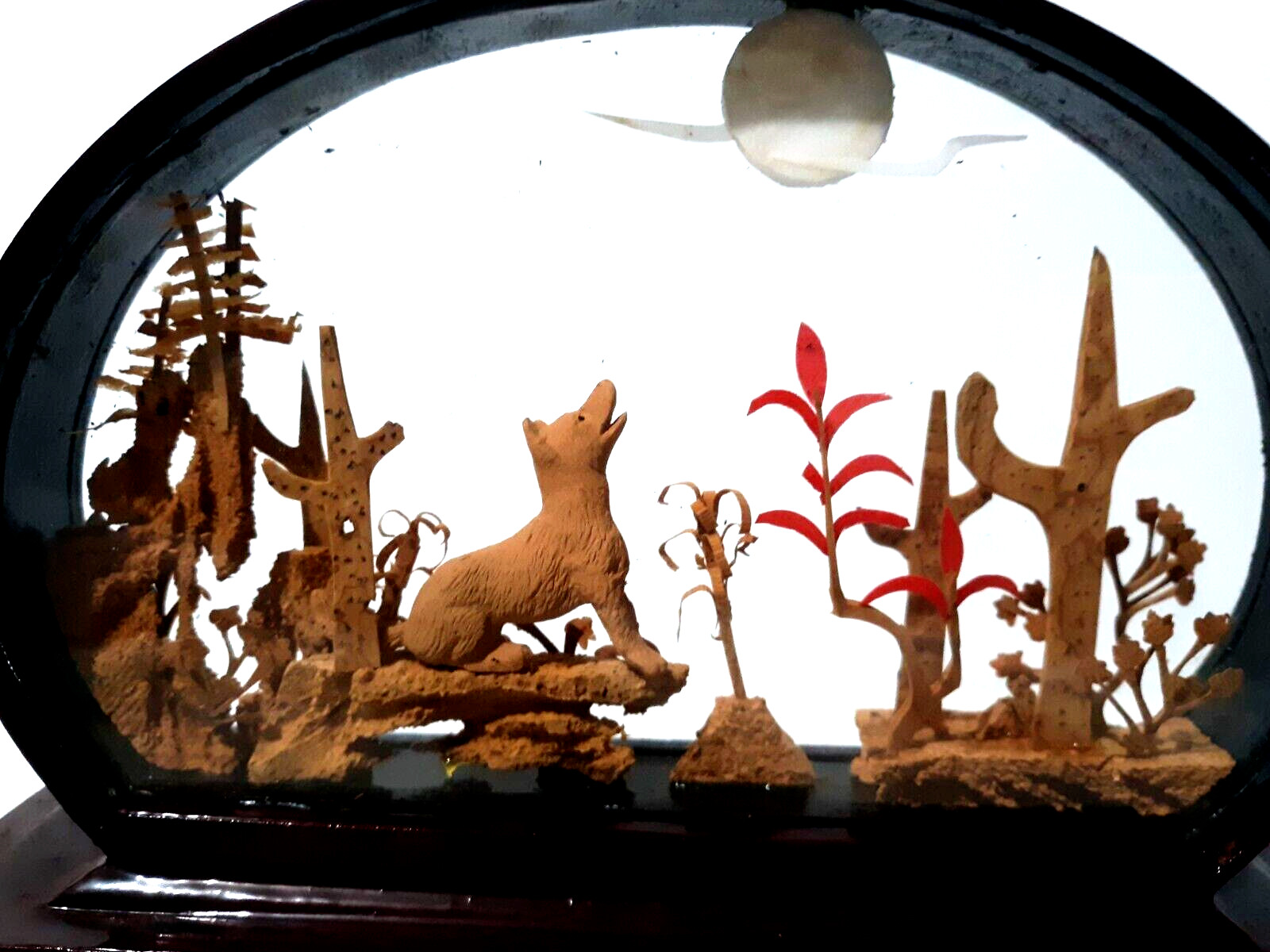 VTG Chinese Art Cork Hand Carved Diorama Bamboo Frame Desert Scene Howling Moon