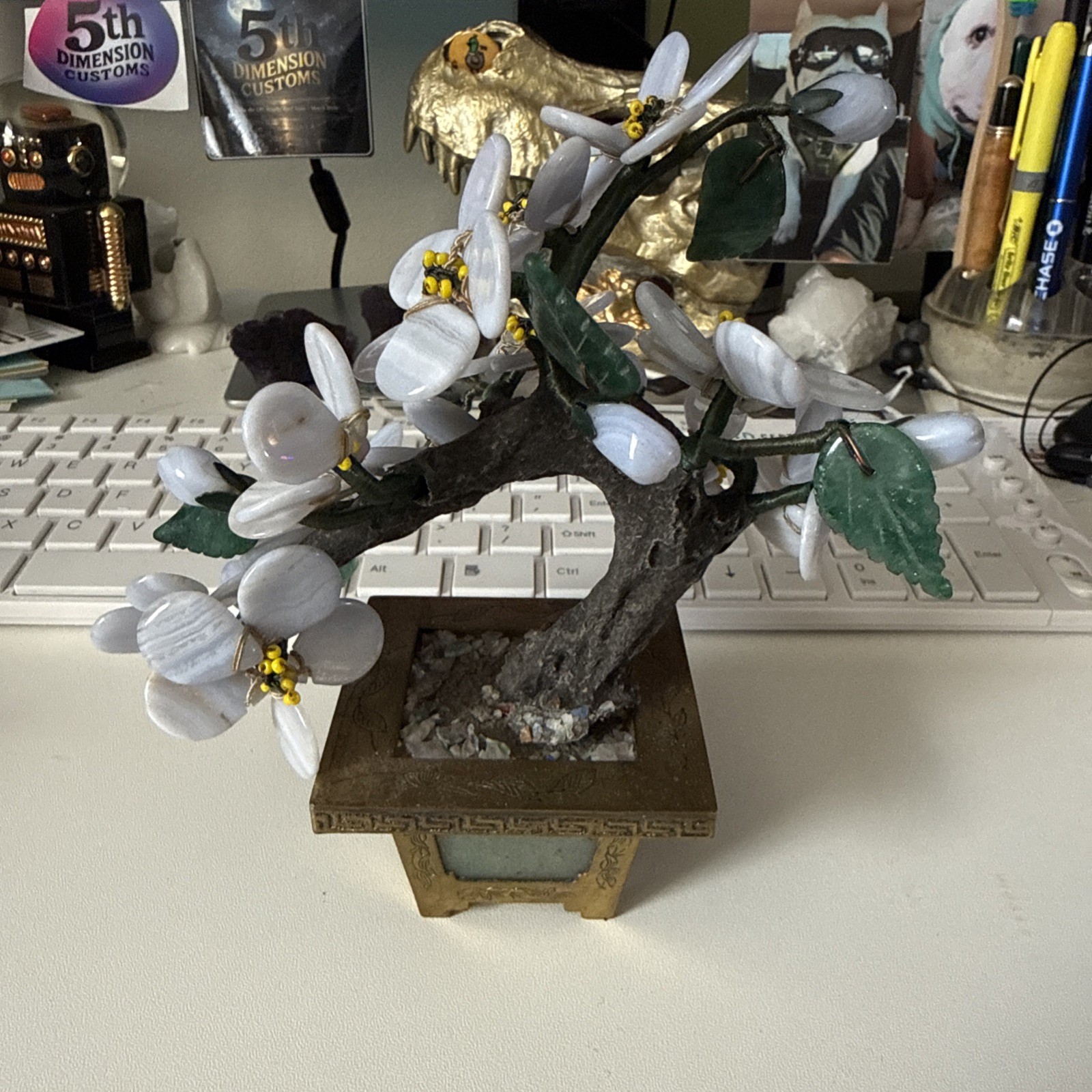 Blue Lace Agate 1950’s Vintage Stone Flower Tree With Brass Pot