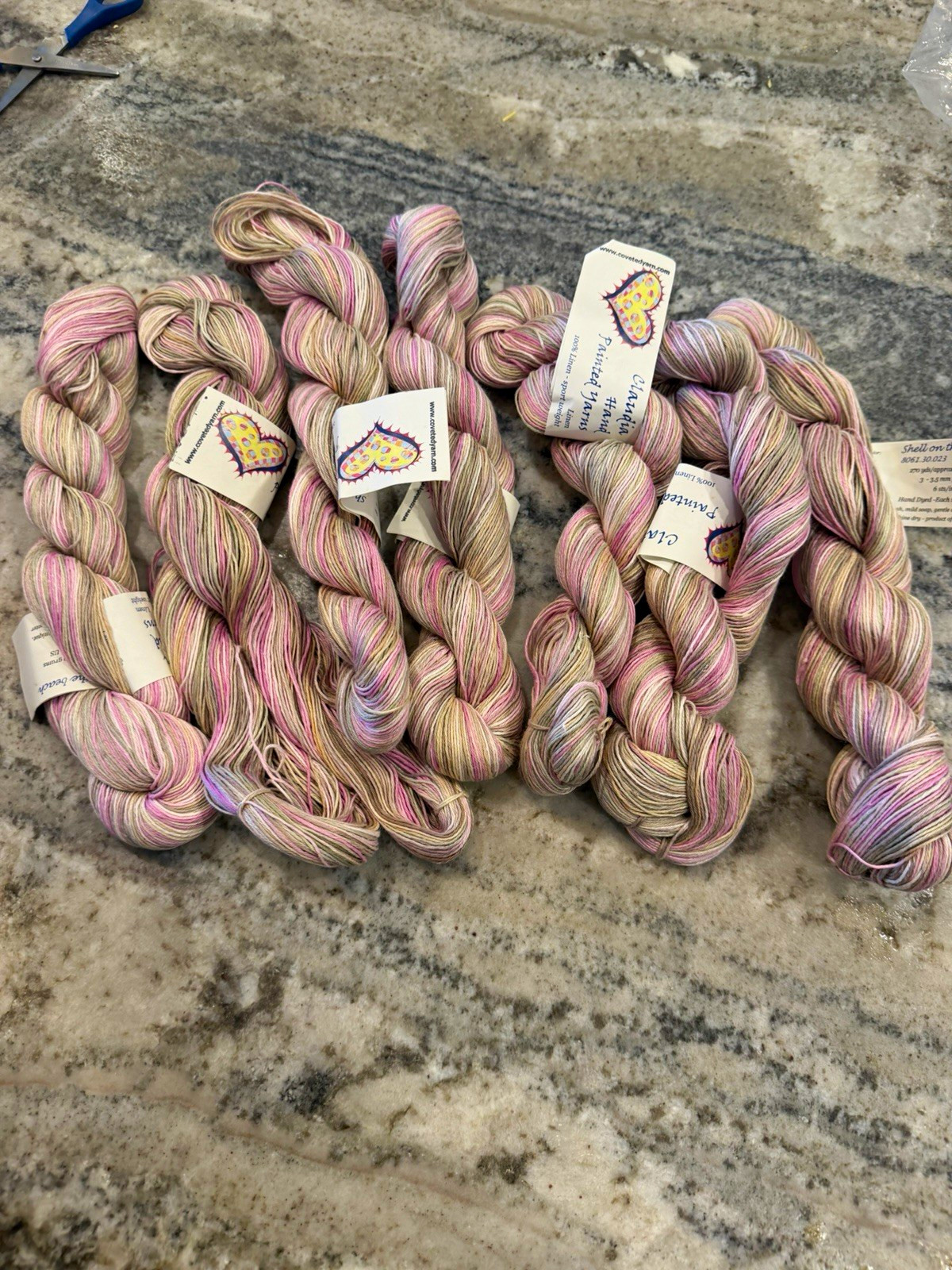 7 hanks Hand Dyed Yarns linen sport hand dyed variegated yarn lot pink beige