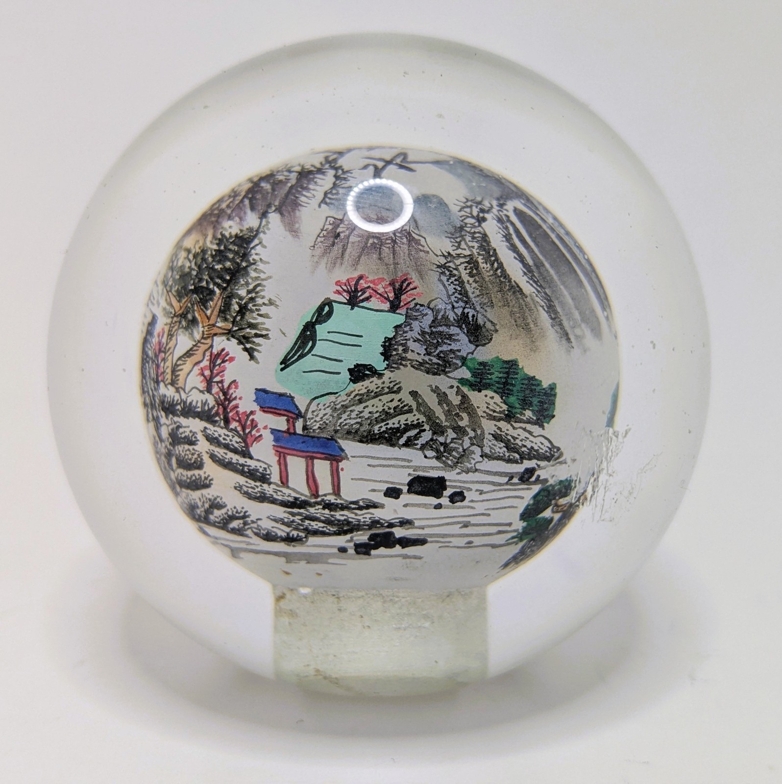 Vintage Japan Reverse Painted Glass Ball Sphere Paperweight Mountain Scene 2.5in