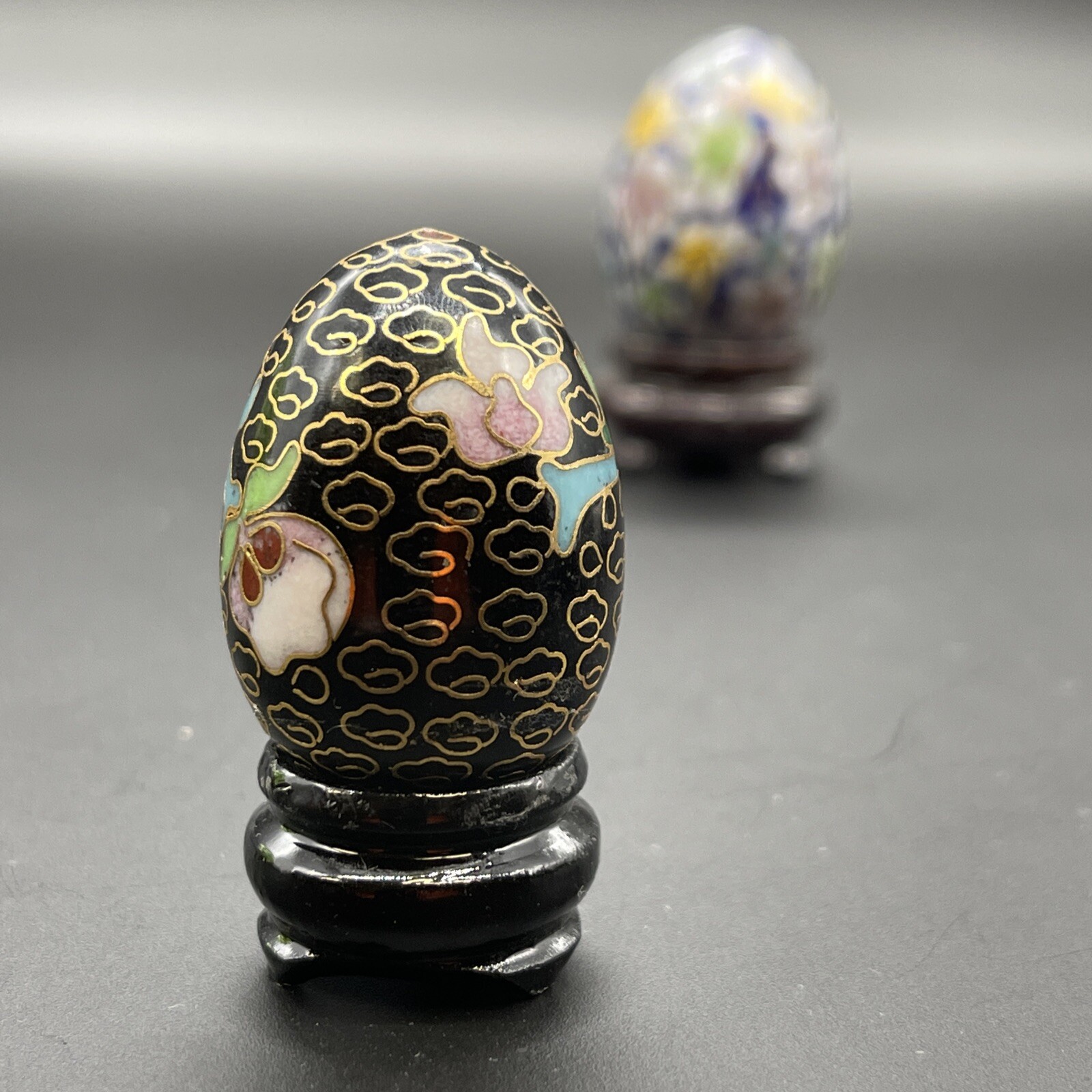 Cloisonné Eggs & Wooden Stands Floral Multicolor & Gold Design Small