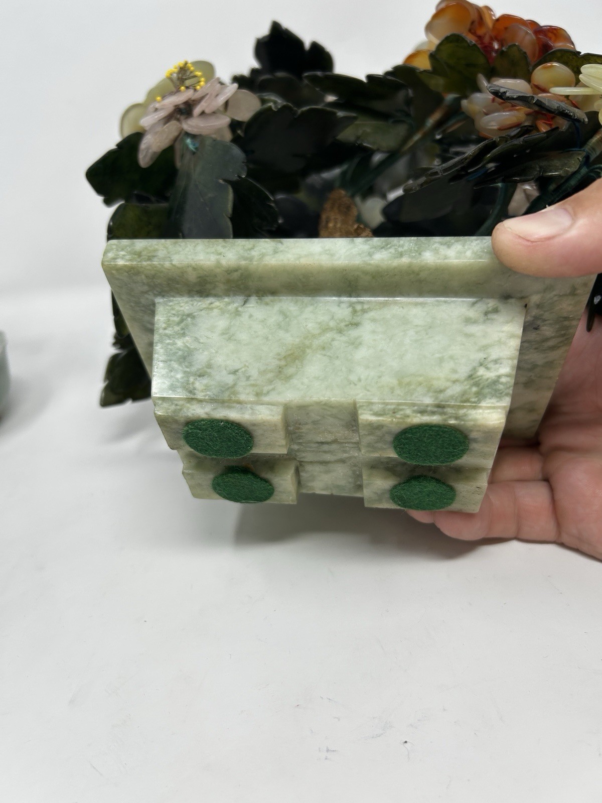 Vintage Chinese Jade Glass Bonsai Tree Lot of 7 Pink Quartz Flowers Pots⁠