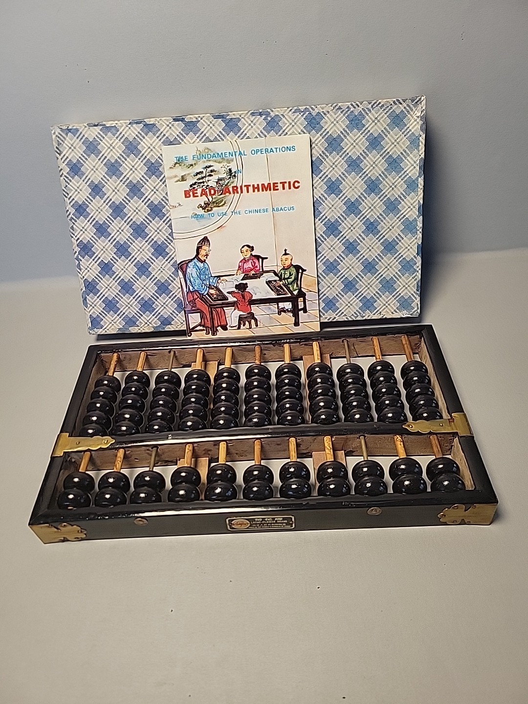 Vintage Chinese Abacus Wood & Brass Lotus Flower Brand Calculator 11 Row 77 Bead