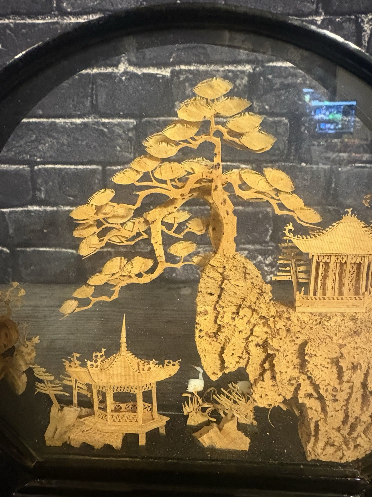 VINTAGE ROUND CHINESE CORK ART HAND CARVED DIORAMA PAGODA CRANES TREES CLIFF 9″