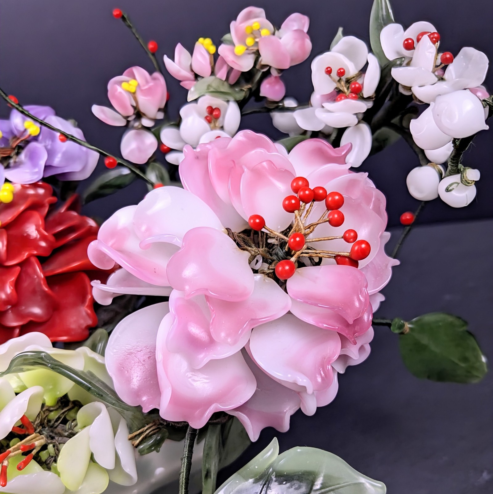 Vintage Jade Style Glass Flower Arrangement Asian Bonsai Planter Pink Red Purple