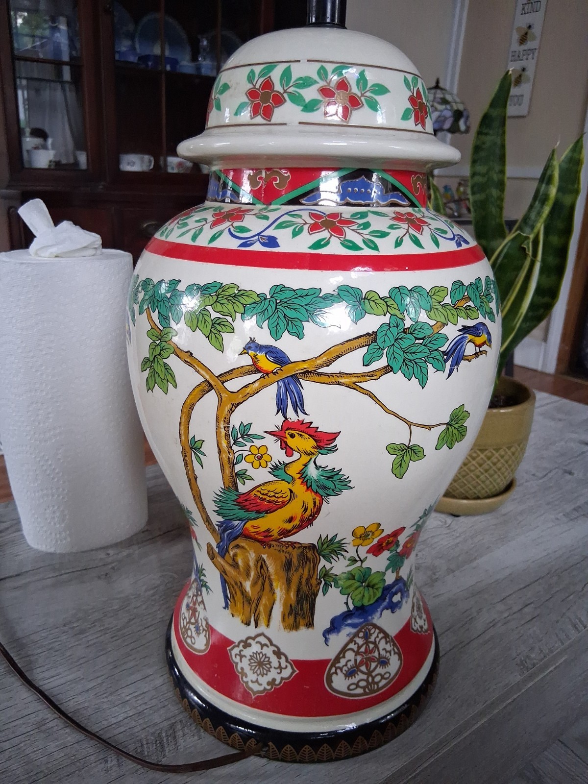 RARE Vintage Chinese Hand-Painted Famille Bird Porcelain Large Lamp