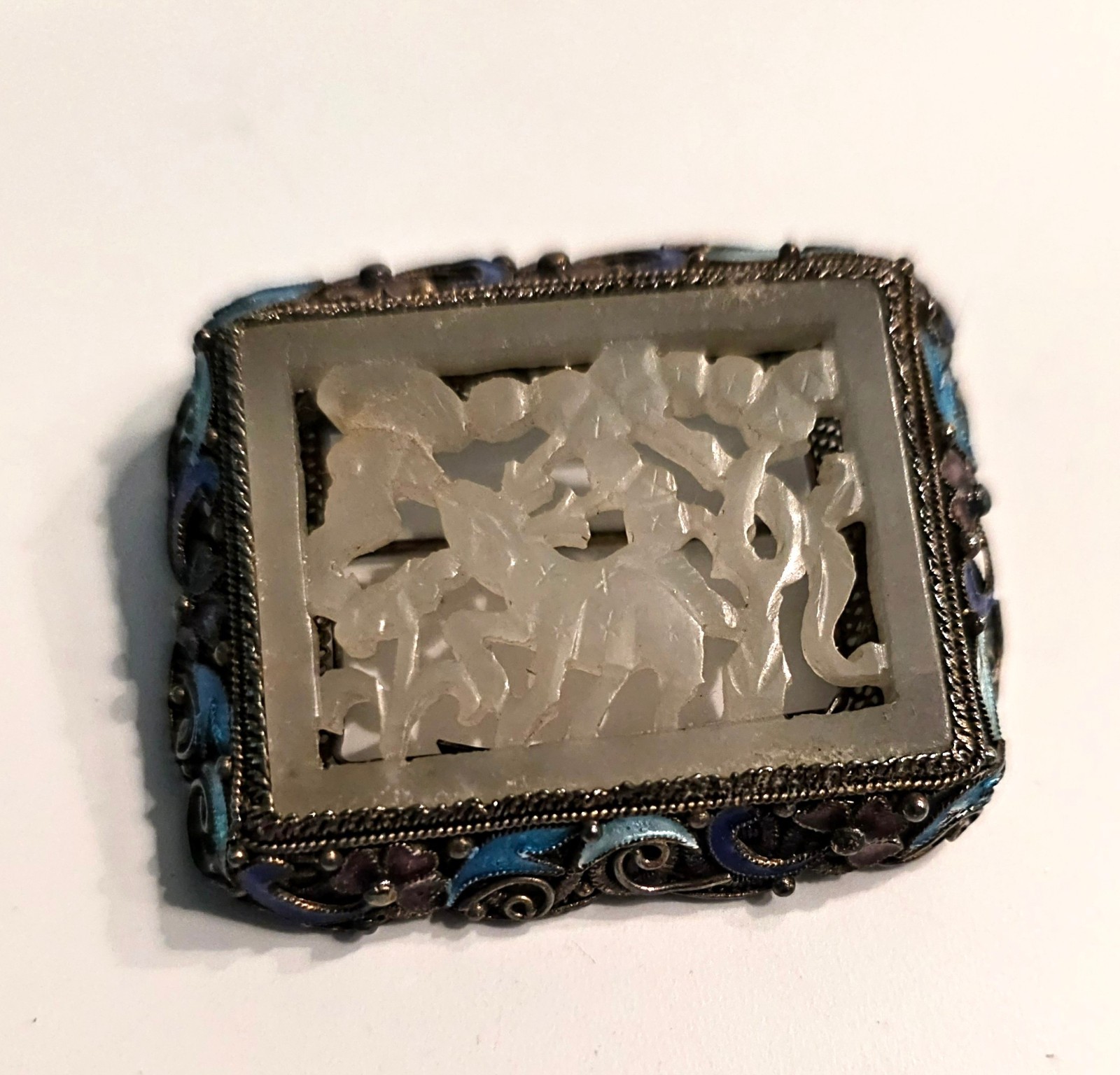 Antique Chinese Gilt Silver Carved White Jade & Enamel Brooch Pin Early 1900’s