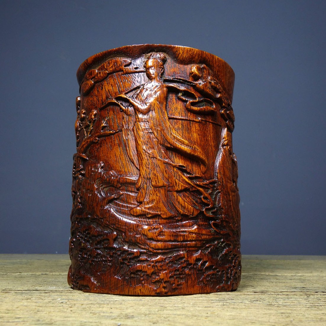 Vintage Rosewood Brush Pot, Hand-Carved Eight Immortals, 14.5cm