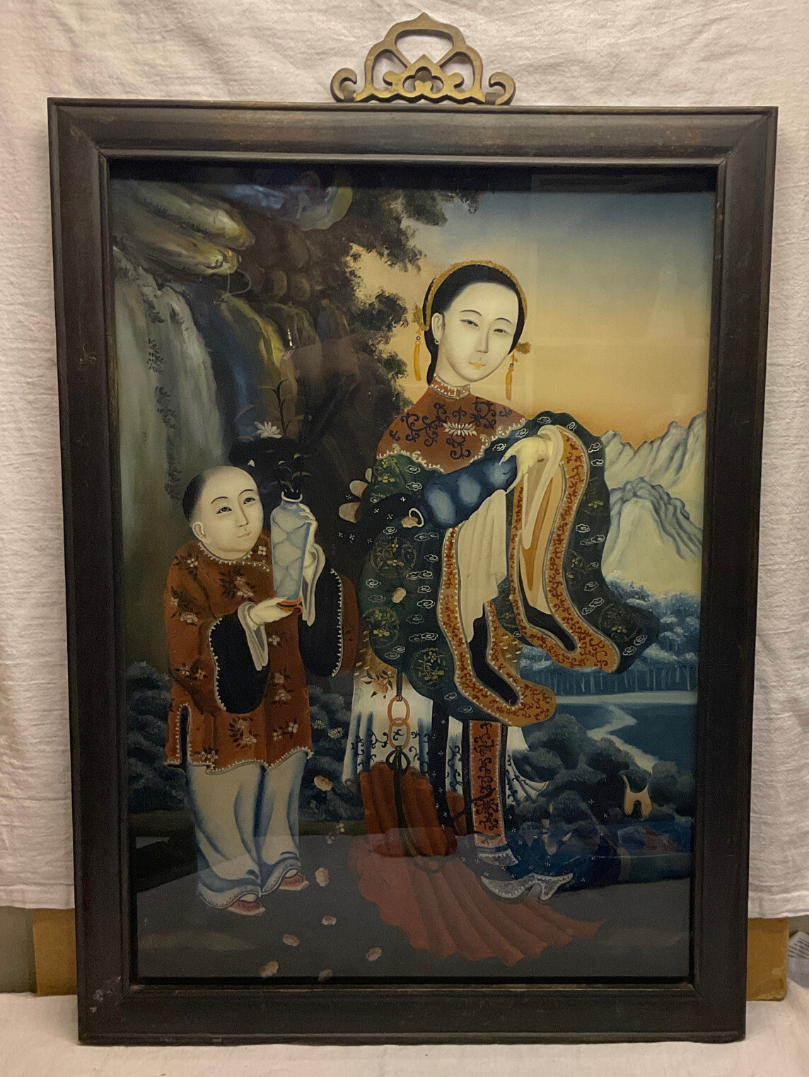 Antique Chinese Reverse Painted Framed Glass Panel 22 x 16