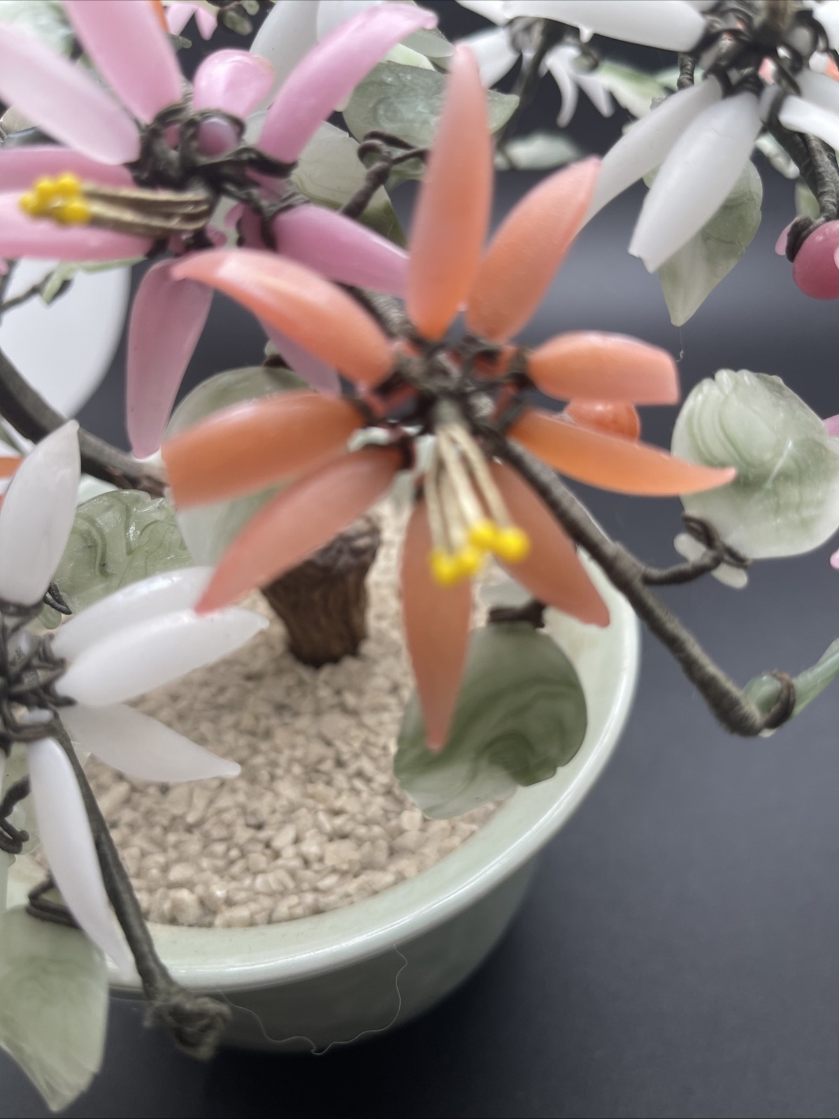 Vintage Medium Chinese Jade Quartz Stone Glass Flower Bonsai Tree Celadon As Is