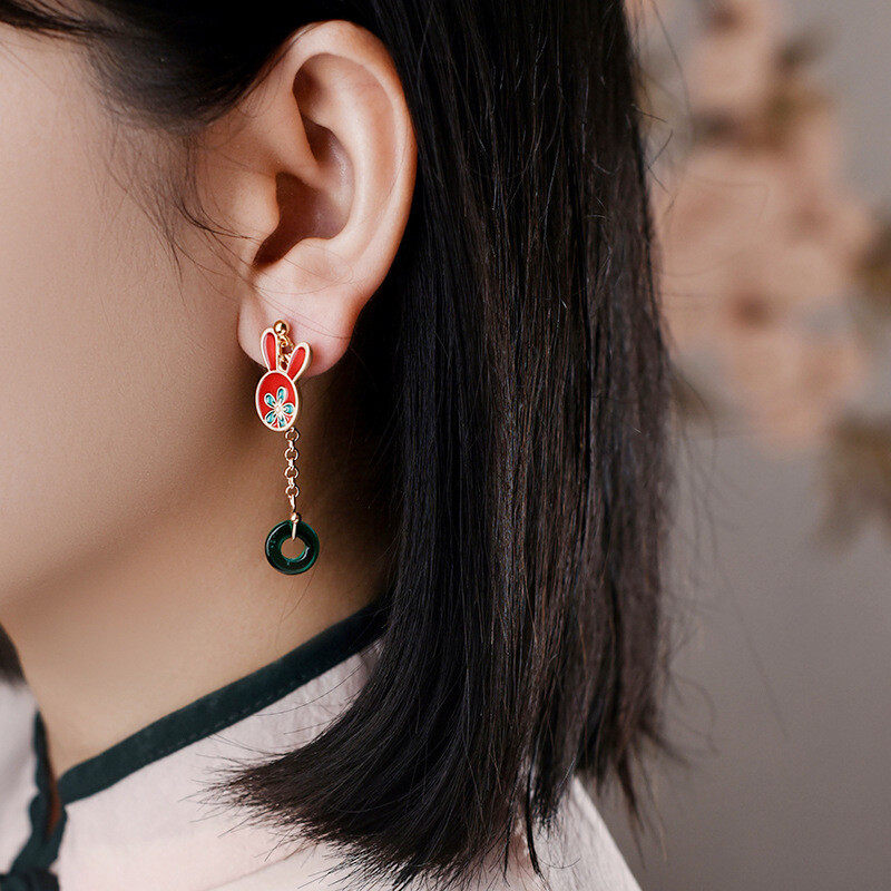China Coloured Glaze/Oil Drop Alloy Animal Rabbit Tibetan Style Earbob Earrings