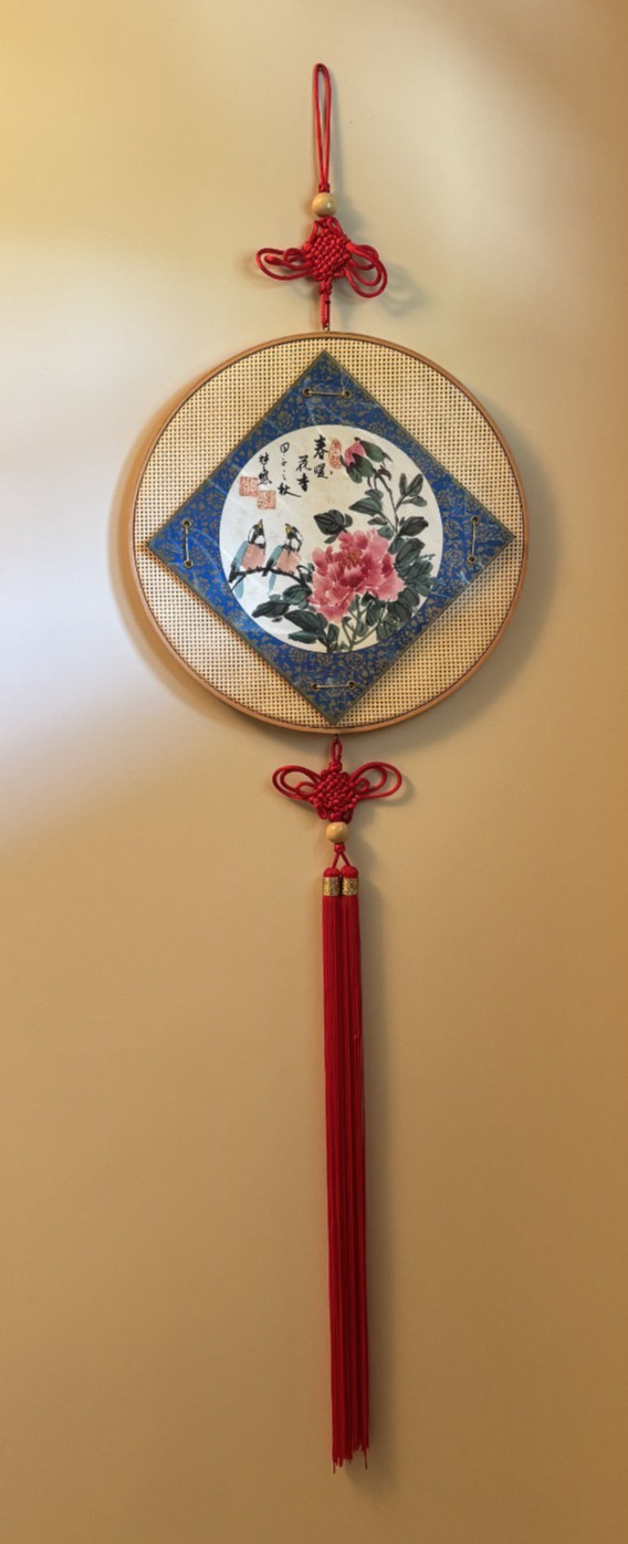 Chinese Red Knot Tassel and Bamboo Wall Hanging w/ Peonies and Birds