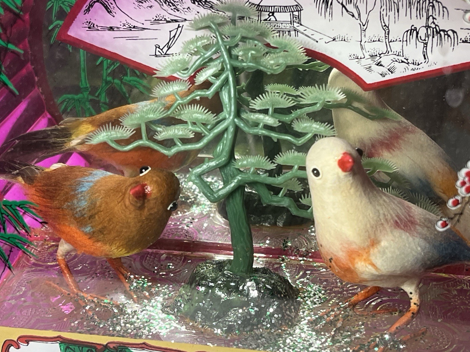 Pink Plastic Oval Case Diorama Birds Tree Mirrored Made in Hong Kong