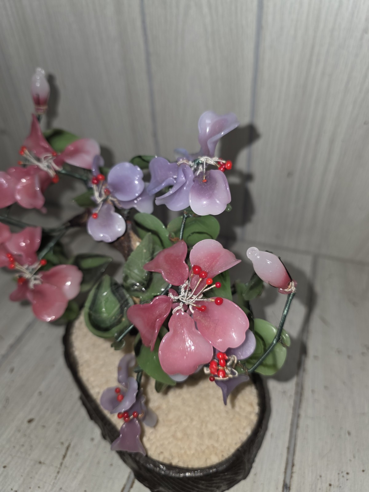 Vintage Chinese Peking Glass Jadeite Cherry Blossom Bonsai Tree Pink Purple MCM