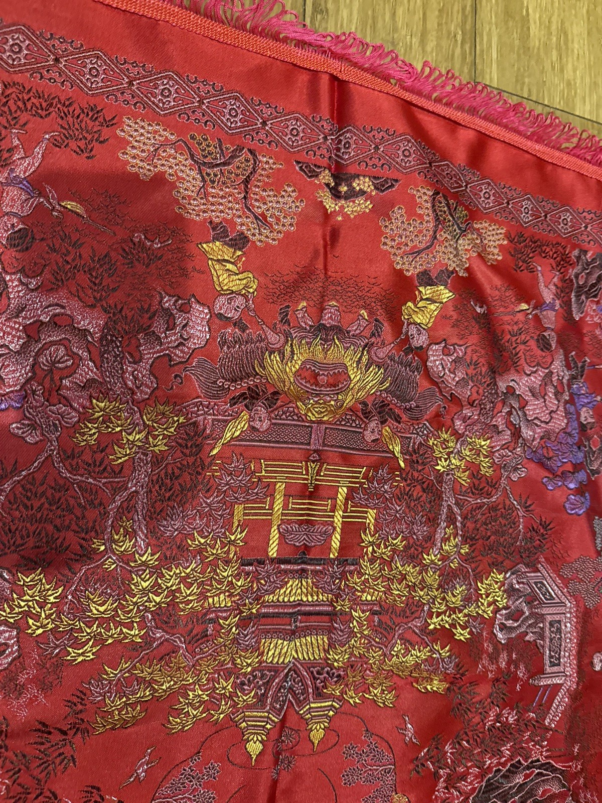 Vintage Brocaded Flowers Chinese Silk Tapestry Table Cloth 38” X 38”
